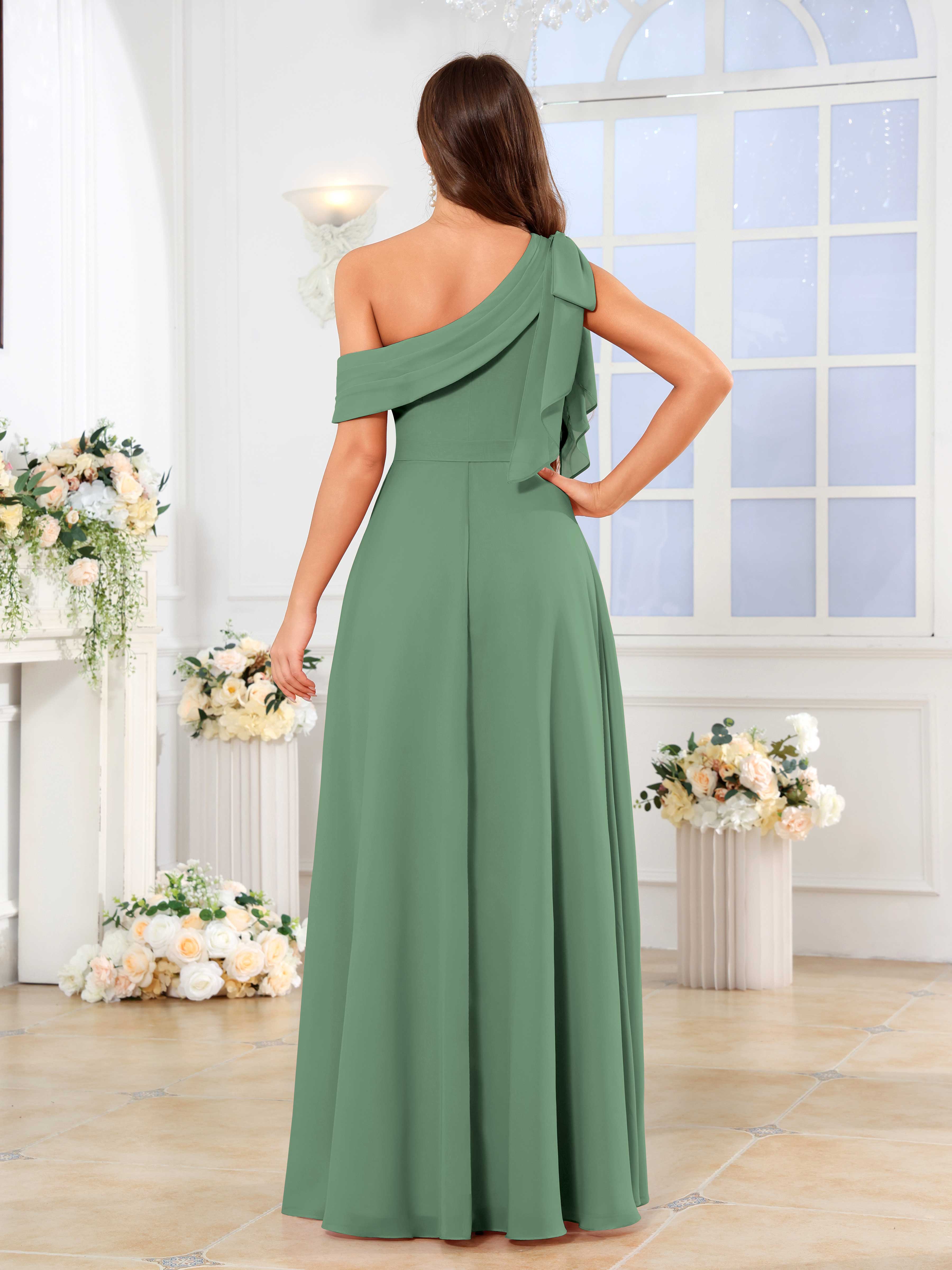 rapunzel's dress Eucalyptus Pleated One Shoulder A-Line Maxi Chiffon Bridesmaid Dress – NZ  Bridal main image 0