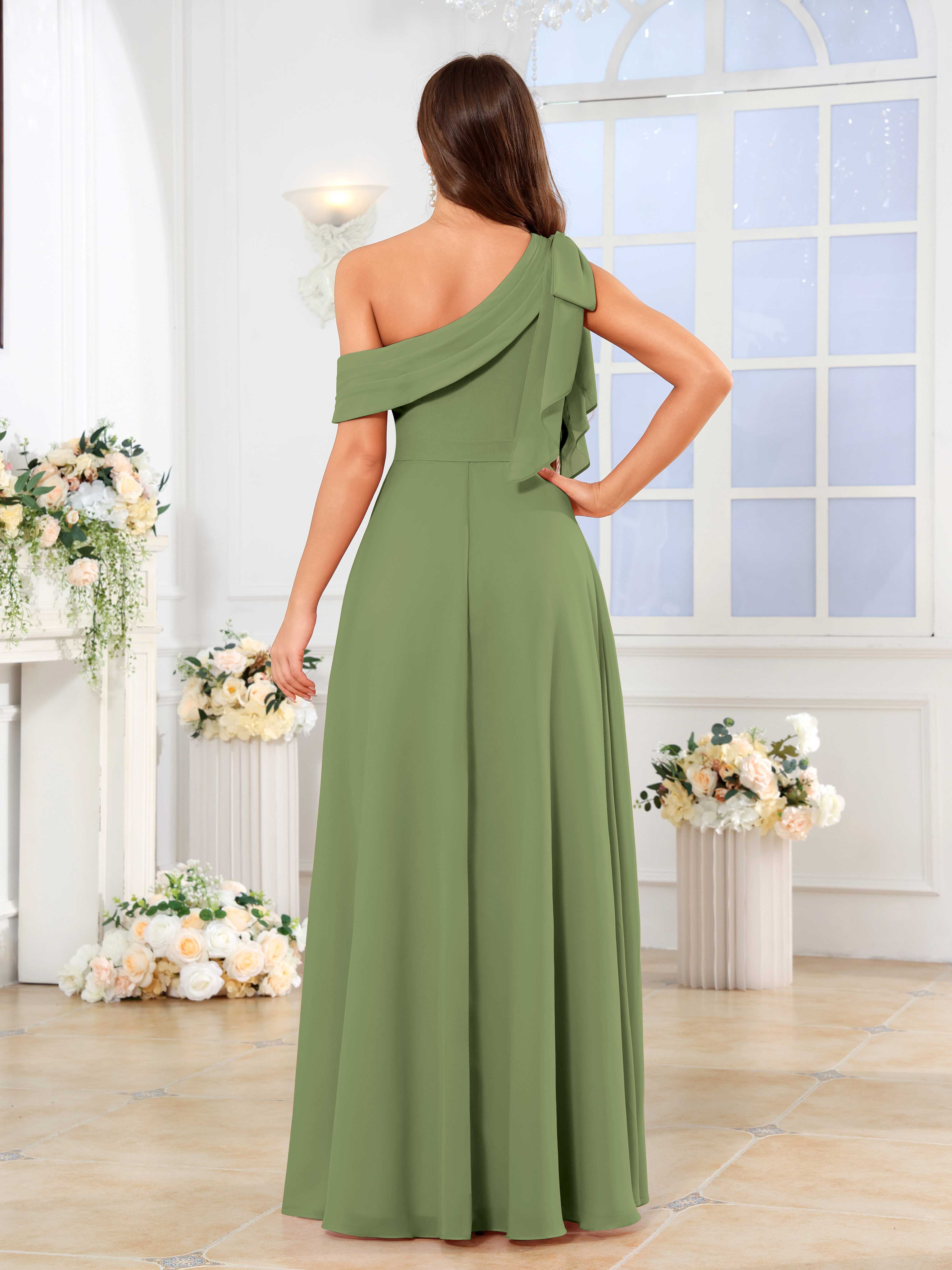 Lysvanna Chic One Shoulder Slit Floor Length Chiffon Bridesmaid Dresses, Olive Green Lysvanna Chic One Shoulder Slit Floor Length Chiffon Bridesmaid Dresses, Olive Green