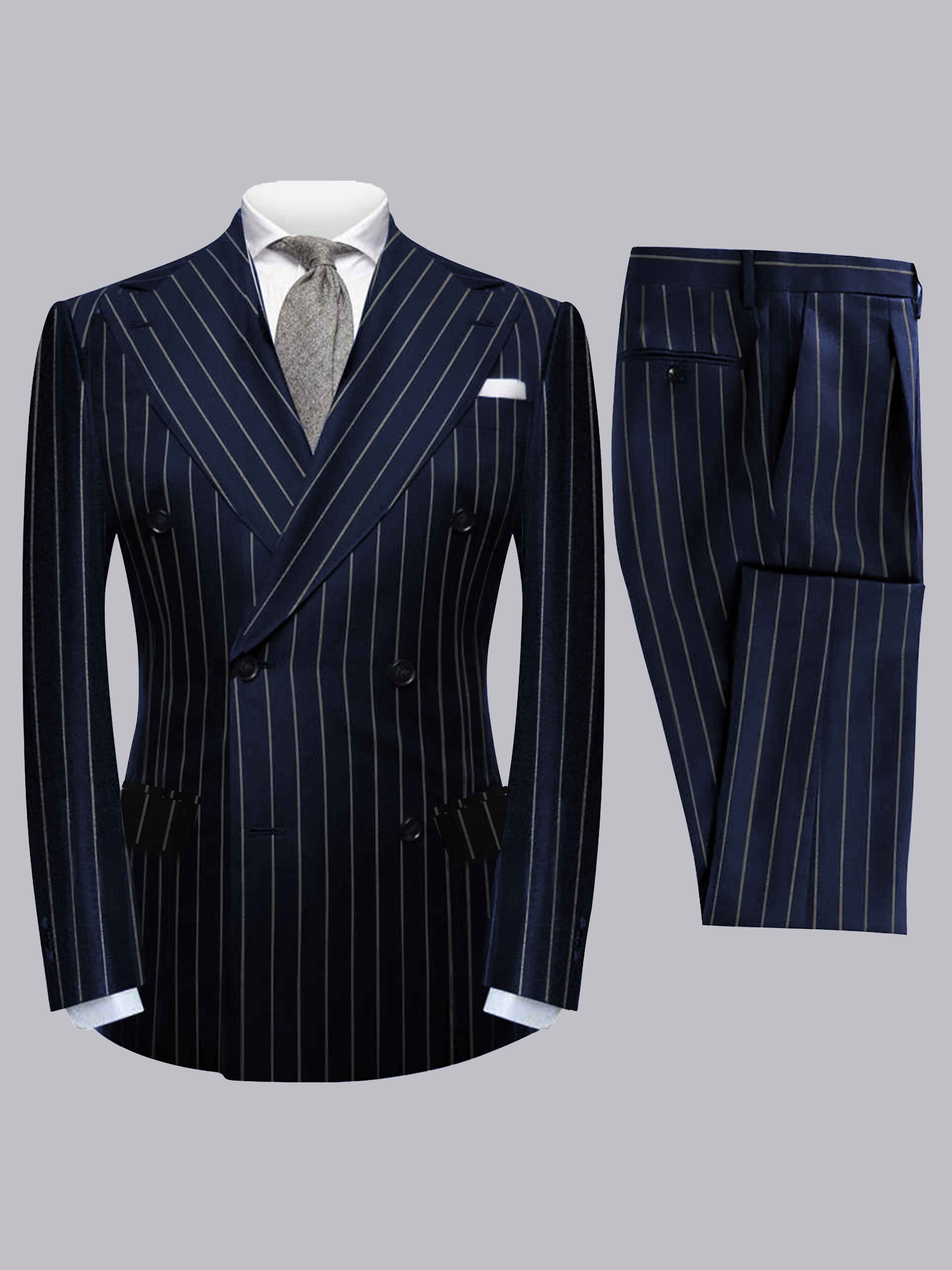 Modern 2 Pieces Men's Peak Lapel Double Breasted Vertical Stripe Suit For Formal