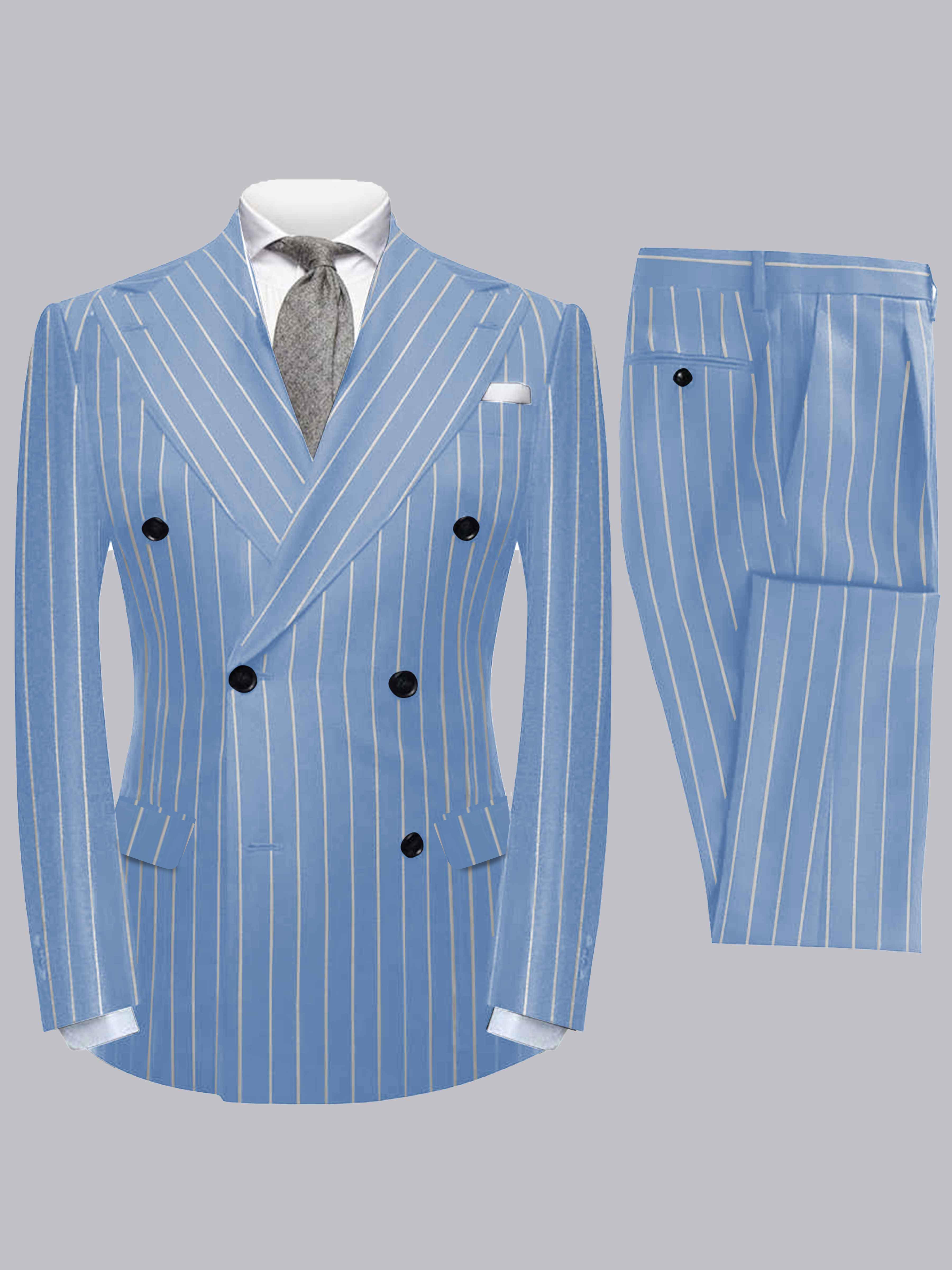 Modern 2 Pieces Men's Peak Lapel Double Breasted Vertical Stripe Suit For Formal