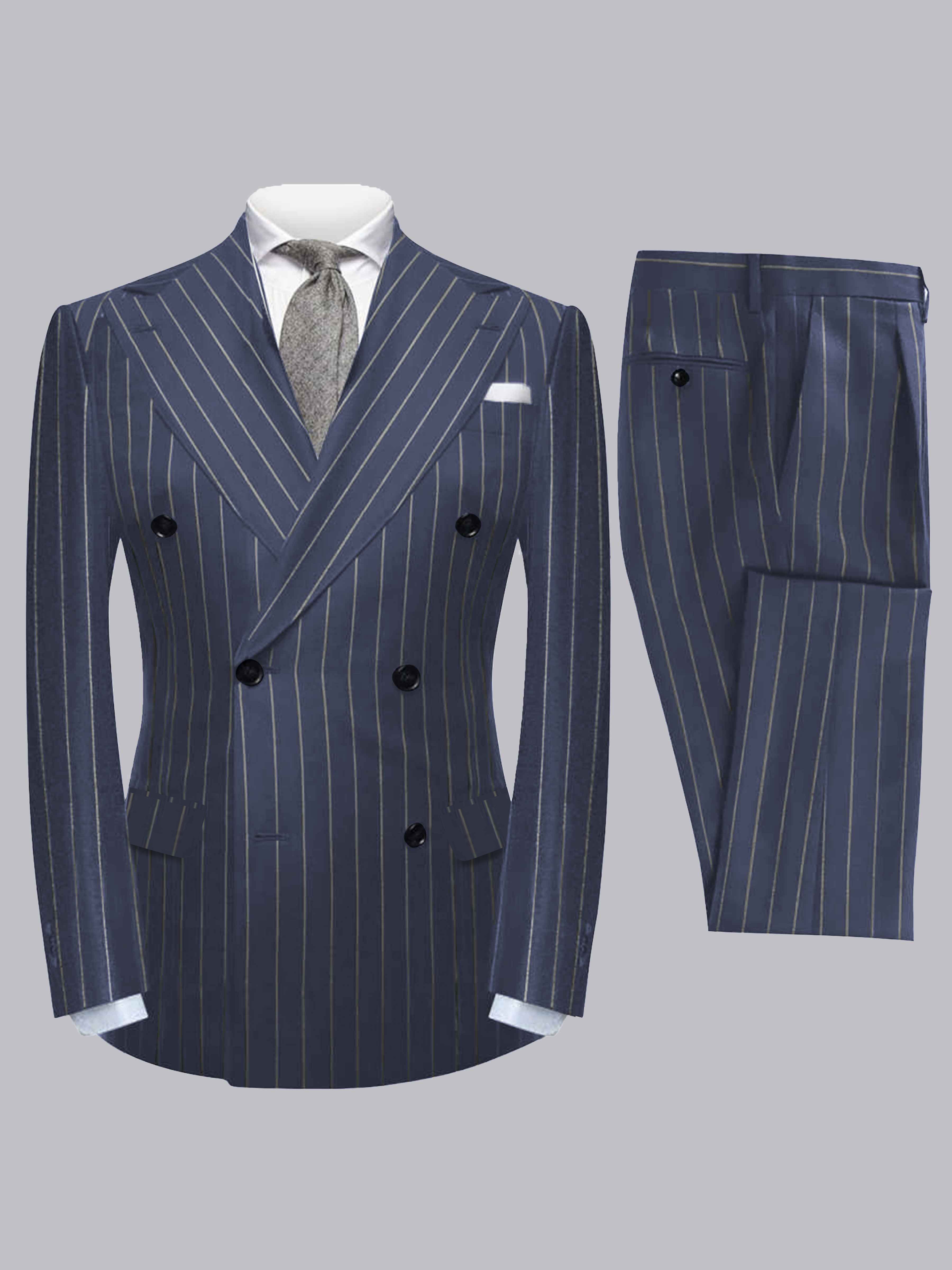 Modern 2 Pieces Men's Peak Lapel Double Breasted Vertical Stripe Suit For Formal