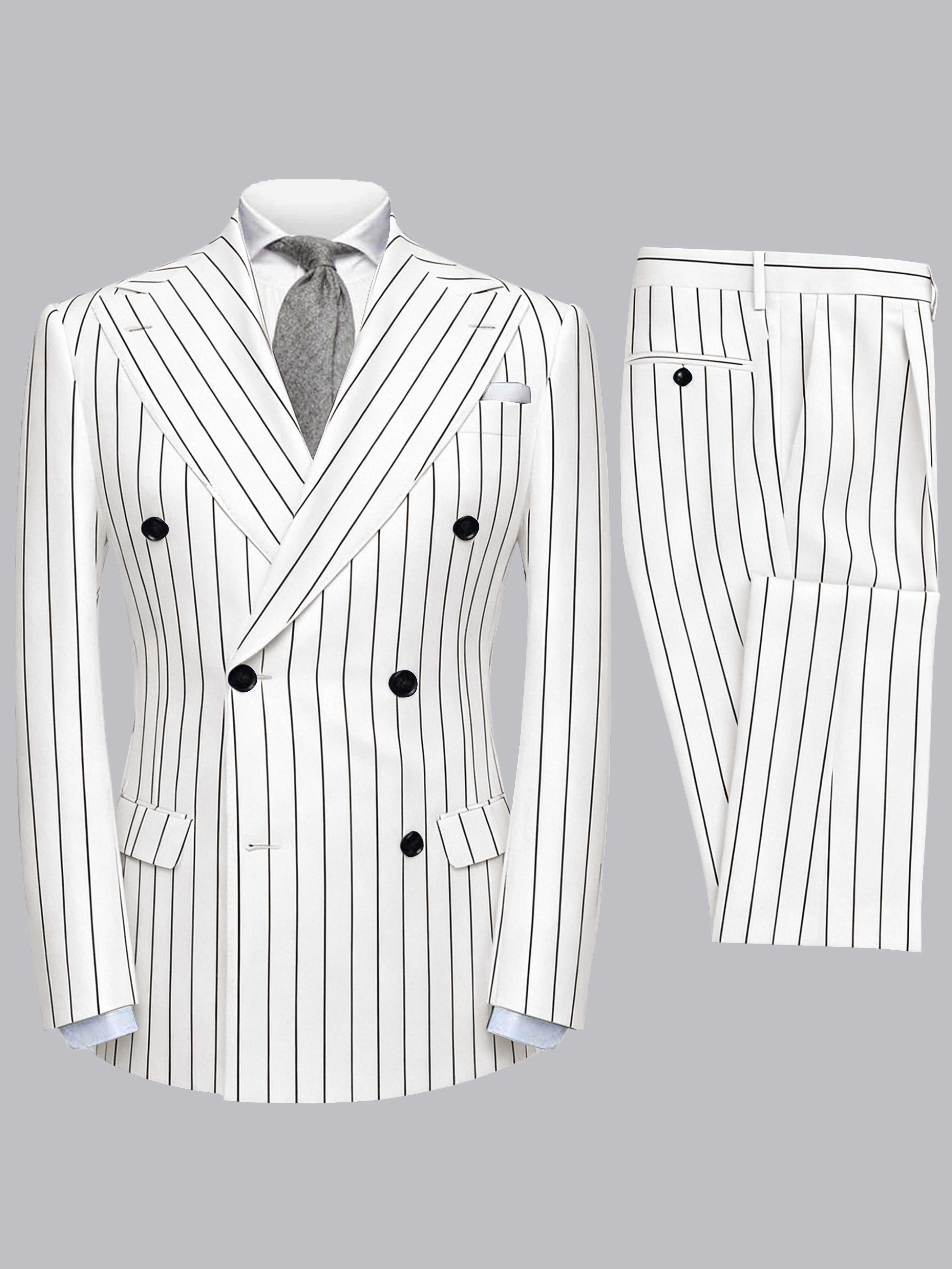 Modern 2 Pieces Men's Peak Lapel Double Breasted Vertical Stripe Suit For Formal