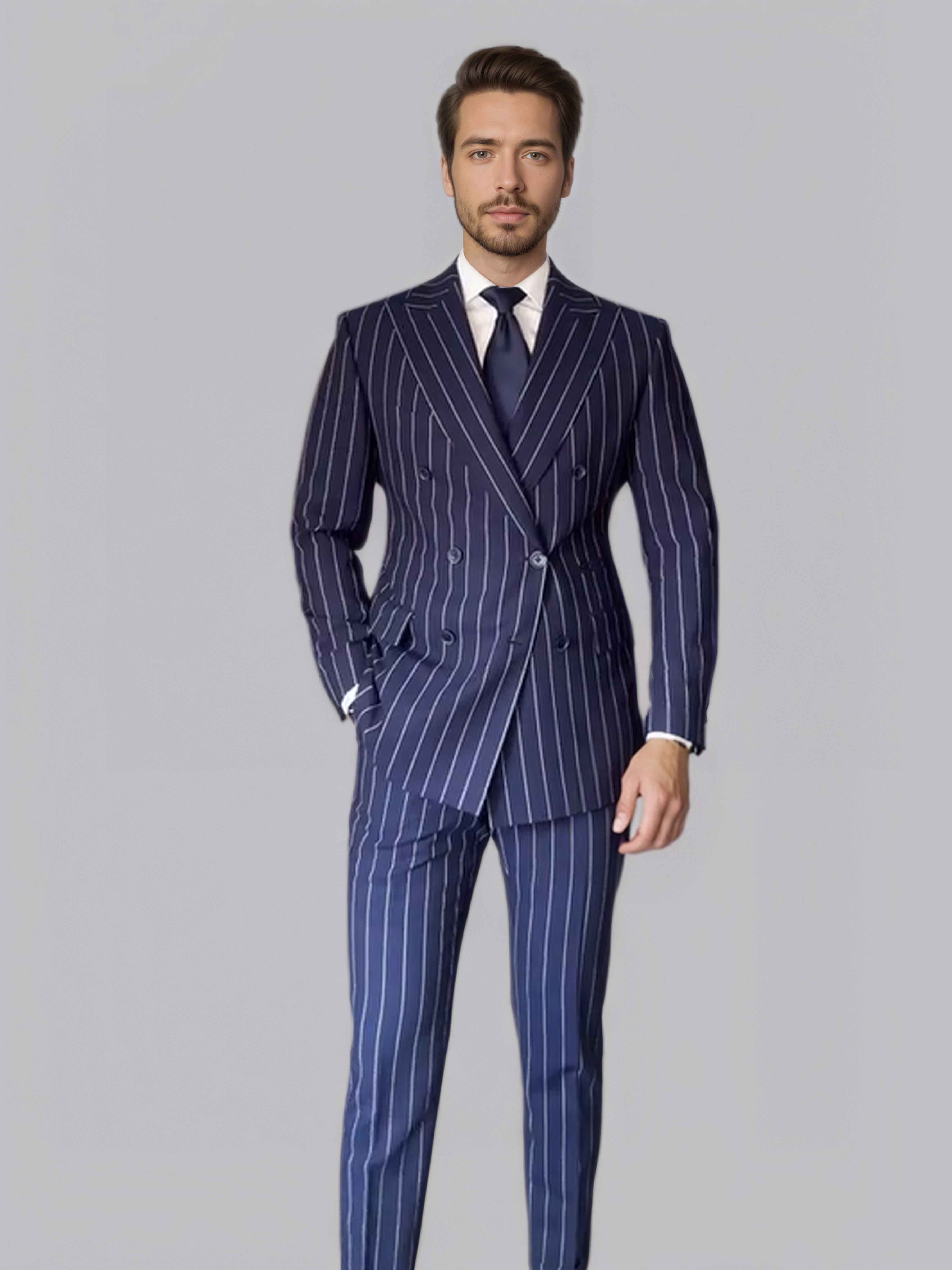 Modern 2 Pieces Men's Double Breasted Peak Lapel Vertical Stripe Suit