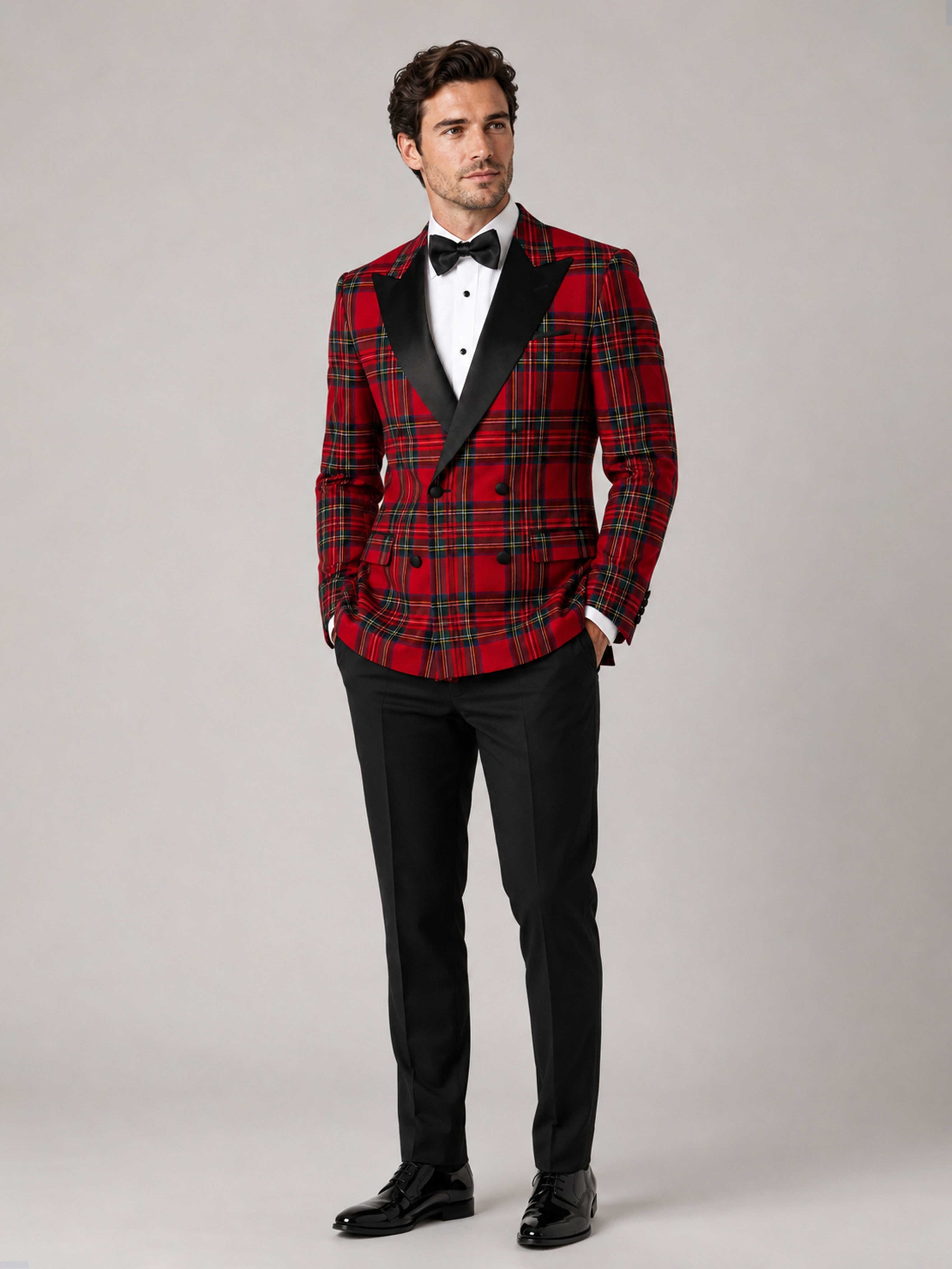 Dapper Men's Tartan Double Breasted 2‑Piece Suit Set with Contrast Lapel