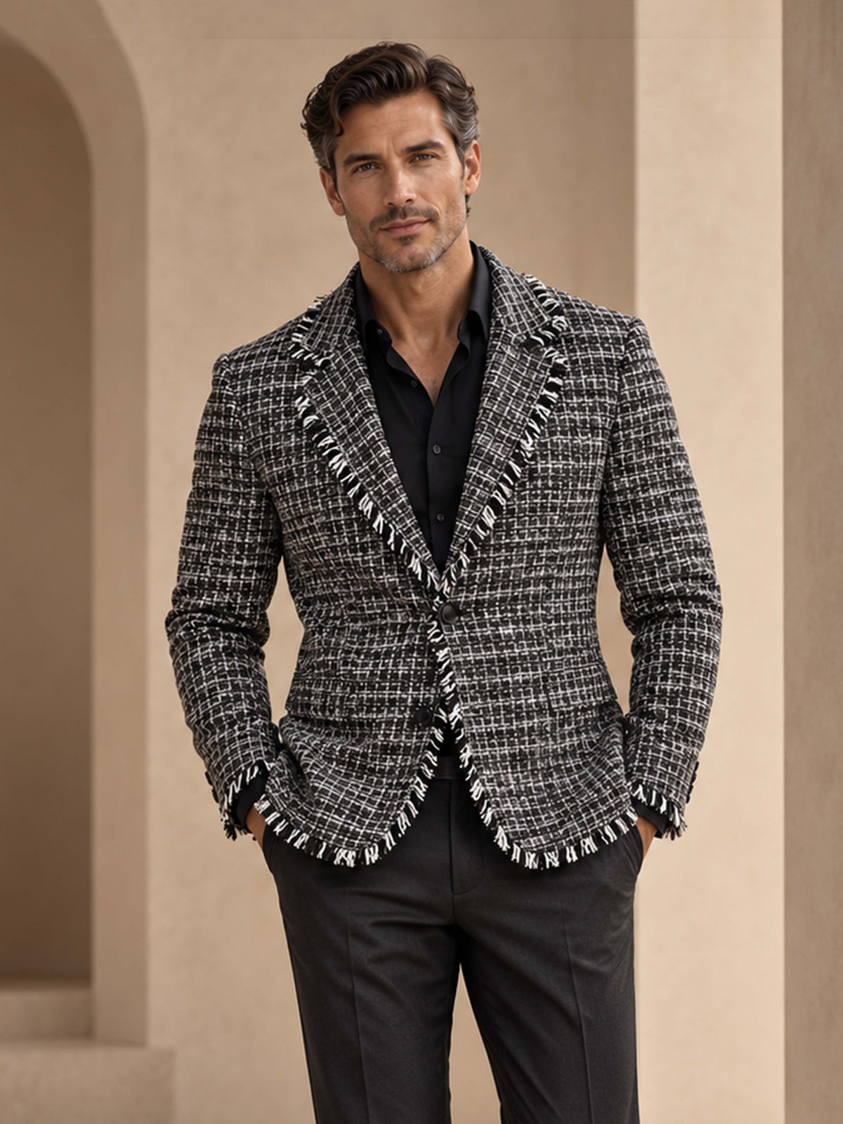 Men's Plaid Tweed 2-Piece Suit with Fringe Trim Blazer & Pants