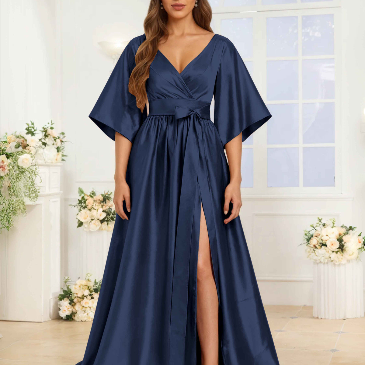 Melusine Trendy A-Line V Neck Pleated Long Satin Formal Dresses