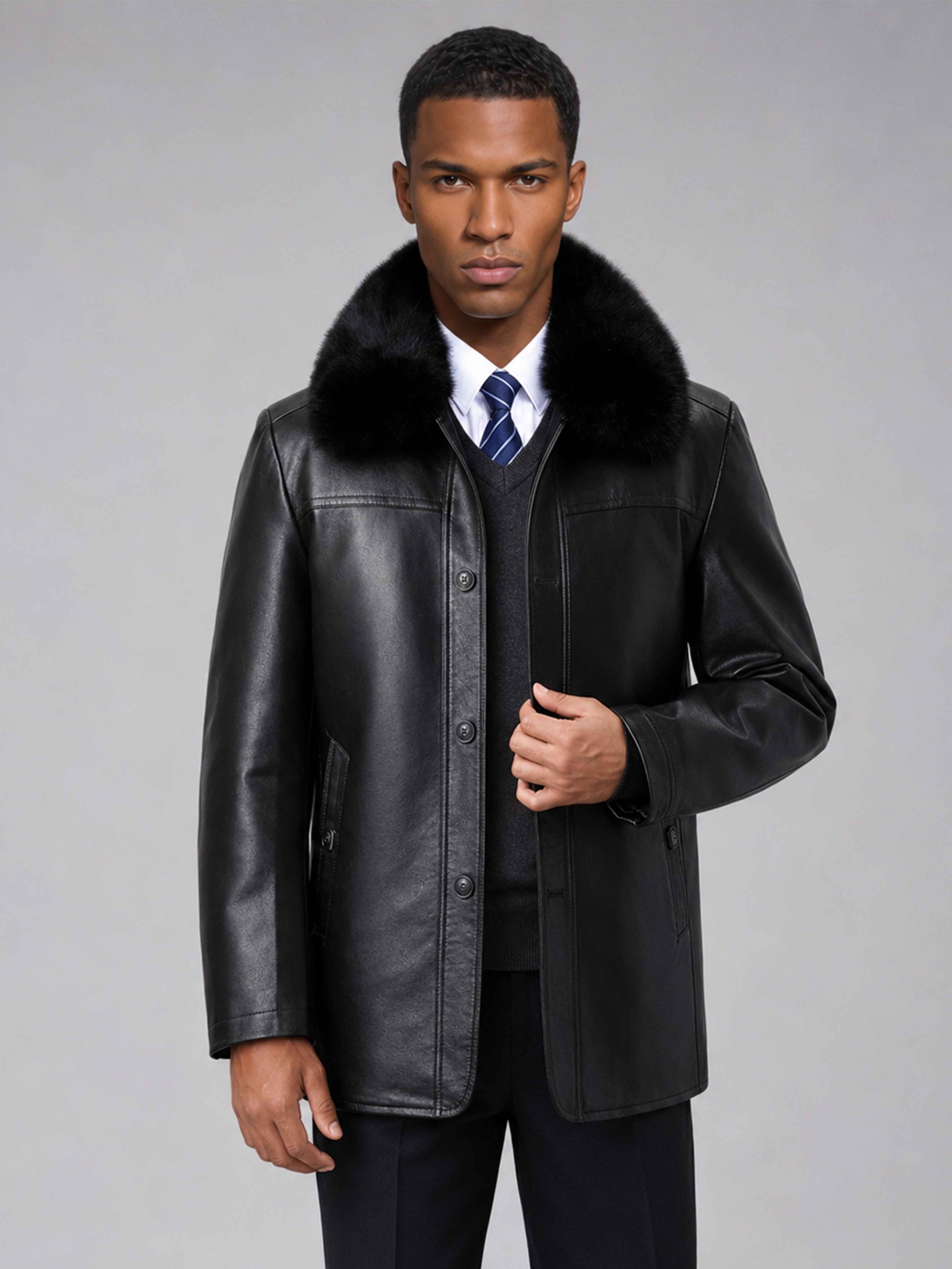 Men's Faux Leather Jacket with Detachable Faux Fur Collar