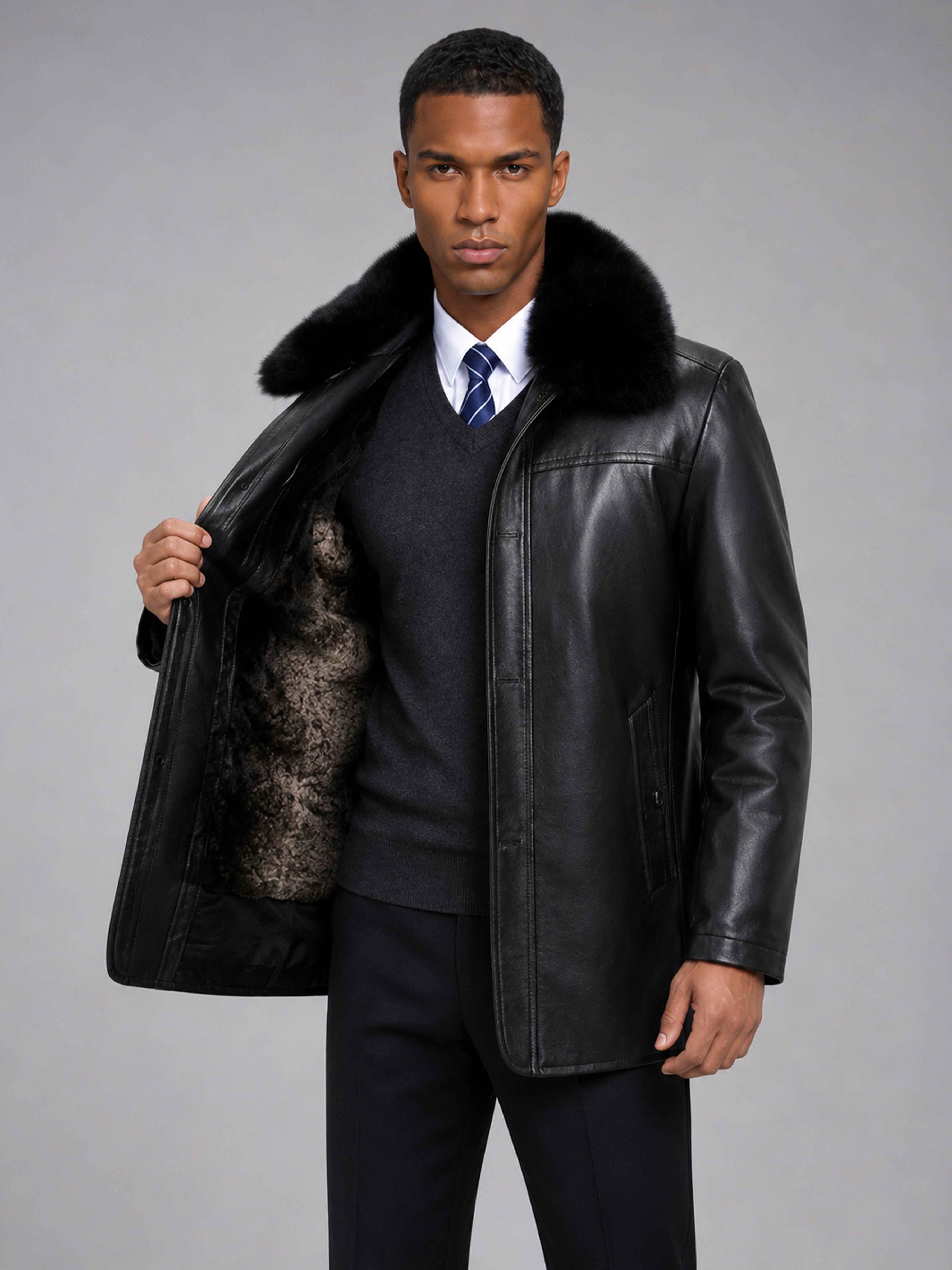 Men's Faux Leather Jacket with Detachable Faux Fur Collar