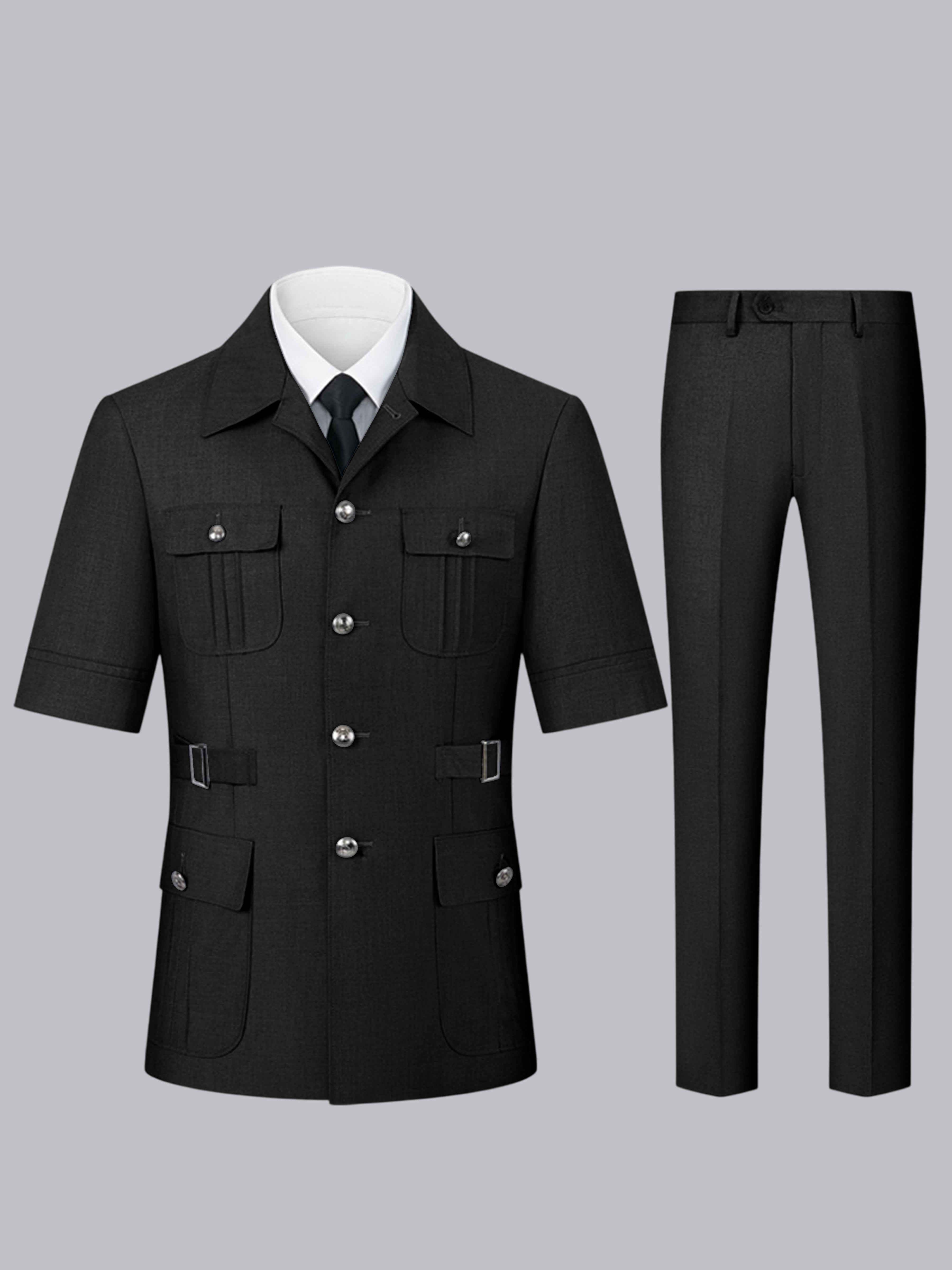 Men's Short Sleeve Safari Suit Set with Button Jacket & Pants