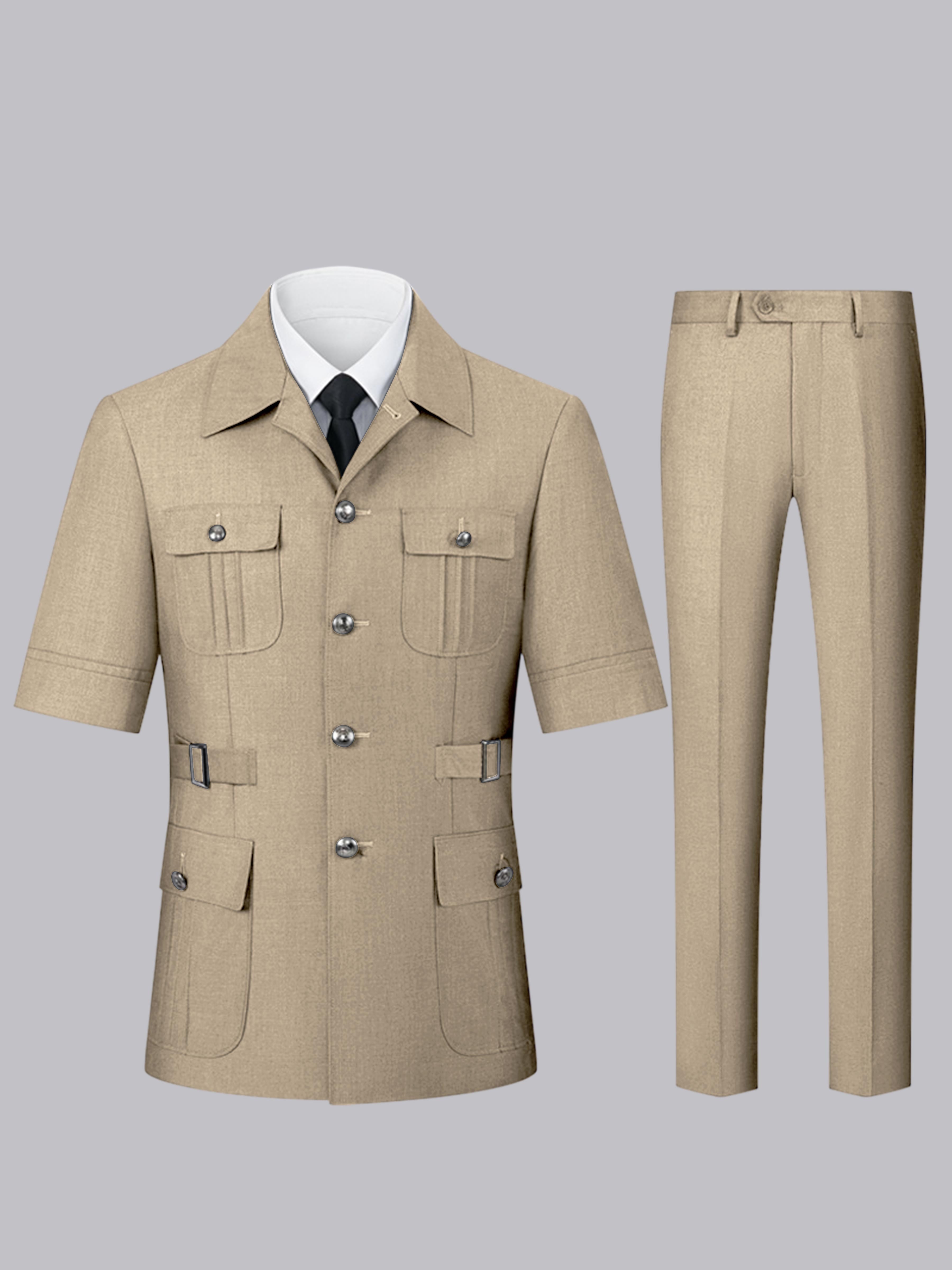 Men's Short Sleeve Safari Suit Set with Button Jacket & Pants