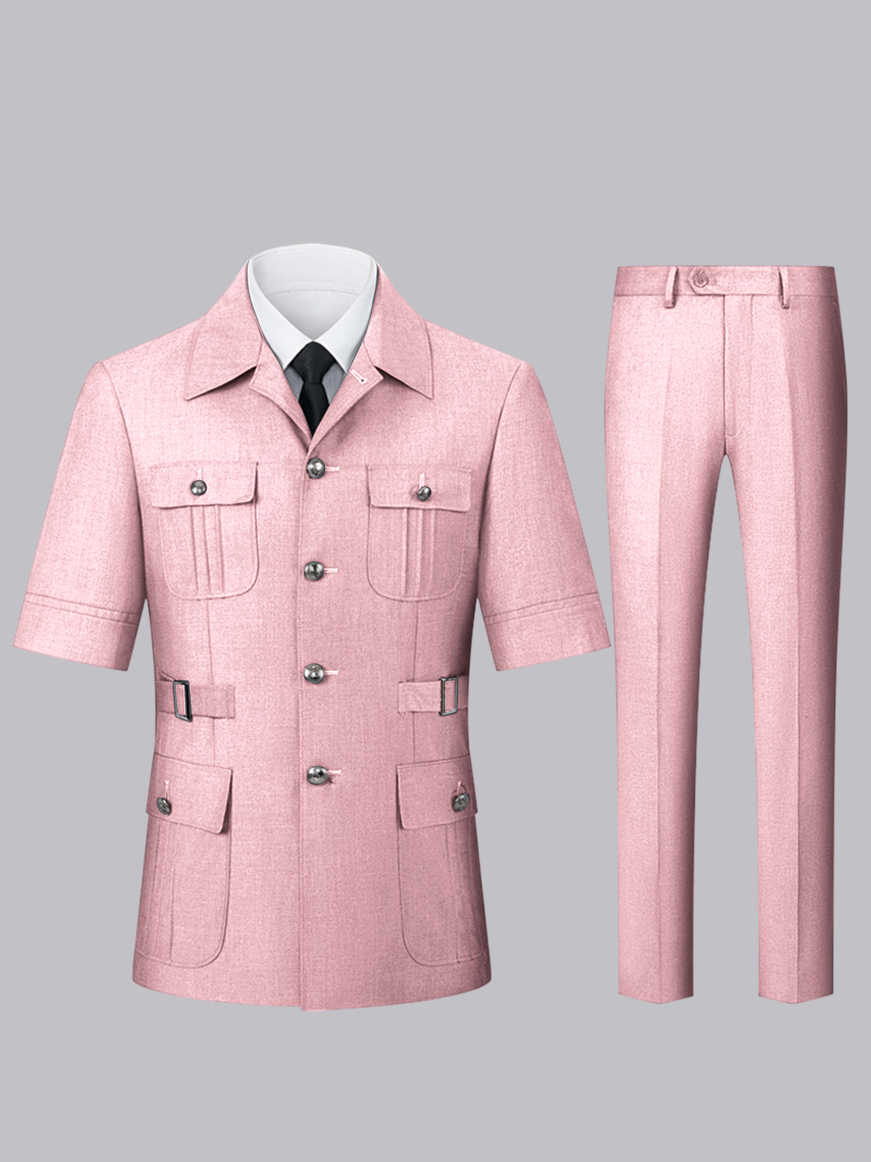 Men's Short Sleeve Safari Suit Set with Button Jacket & Pants
