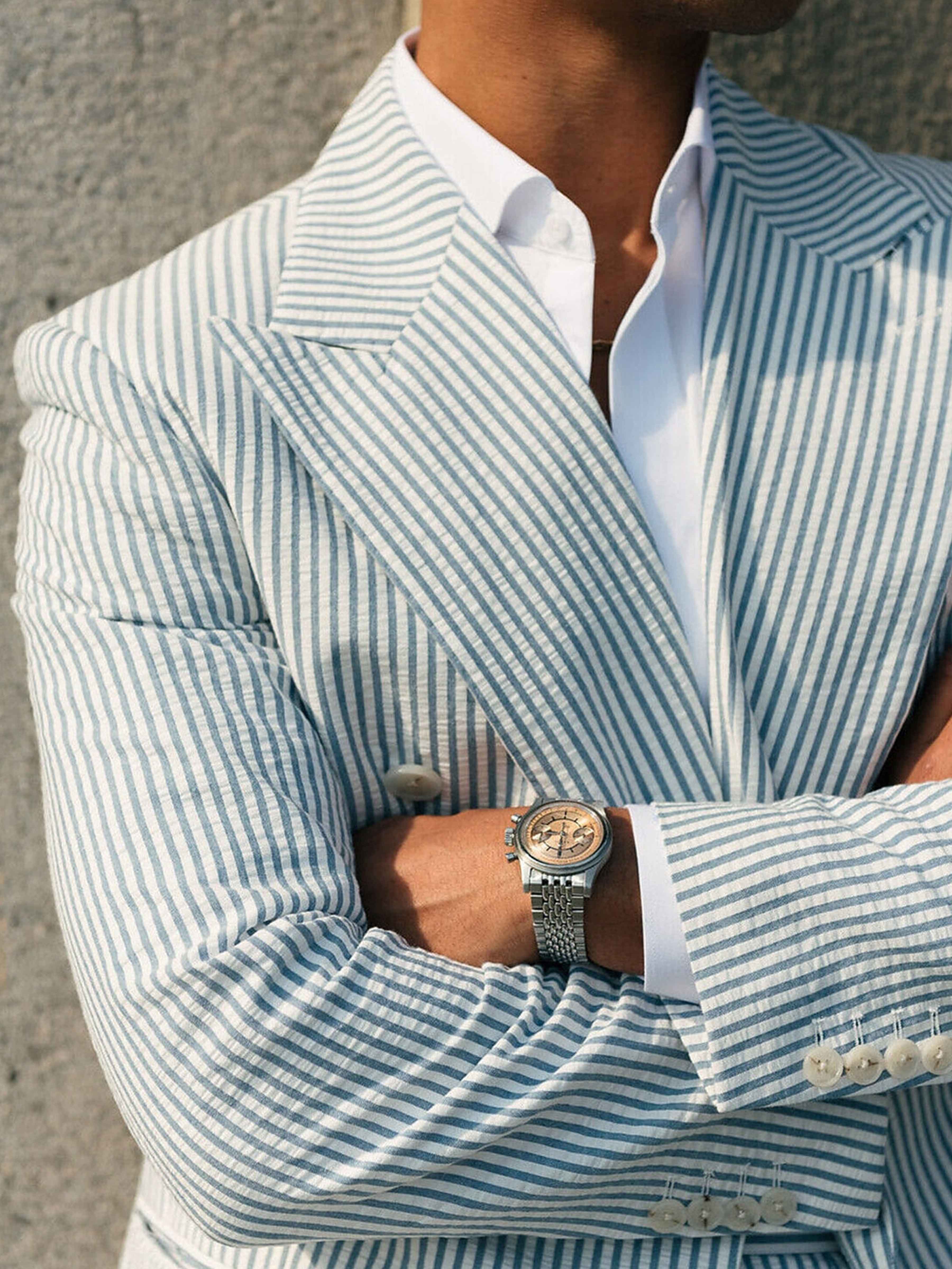 Men's Tailored Fit Double Breasted 2 Pieces Seersucker Beach Wedding Suits