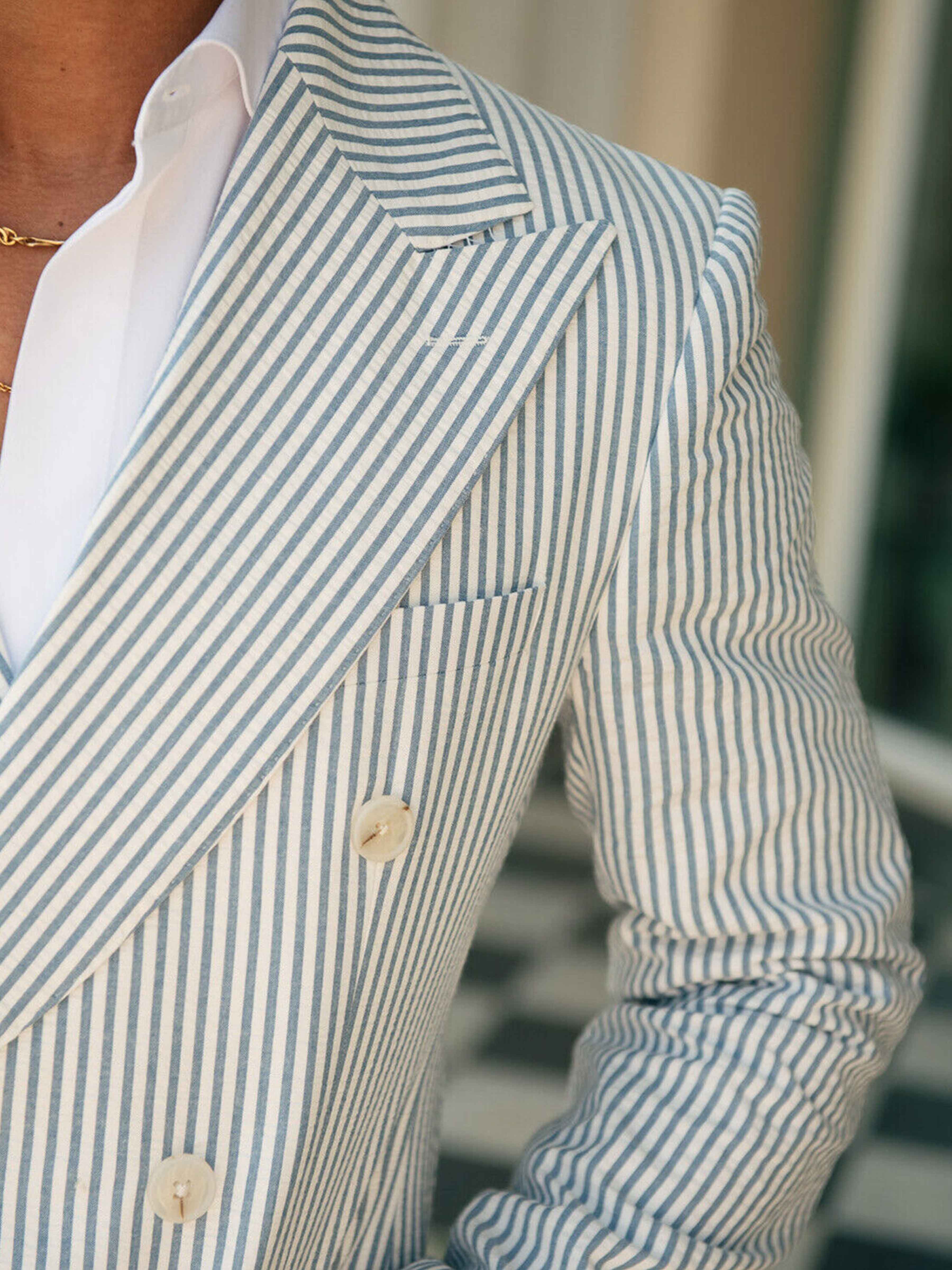 Men's Tailored Fit Double Breasted 2 Pieces Seersucker Beach Wedding Suits