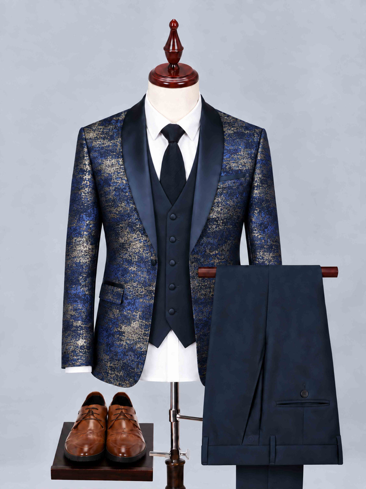 Men's Floral Jacquard 3-Piece Wedding Suit, Baroque Blazer, Vest & Pants