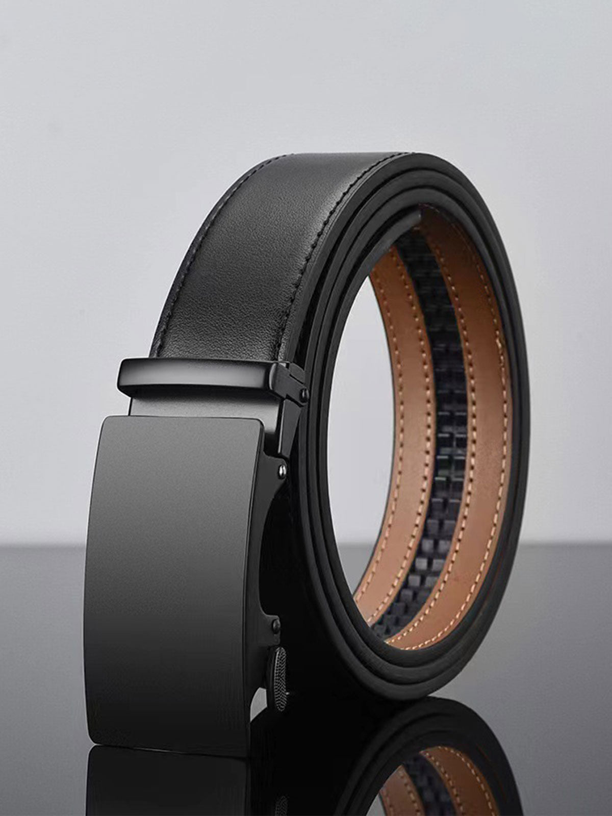 Men's Automatic Buckle Leather Belt, No-Hole Slide Ratchet Strap