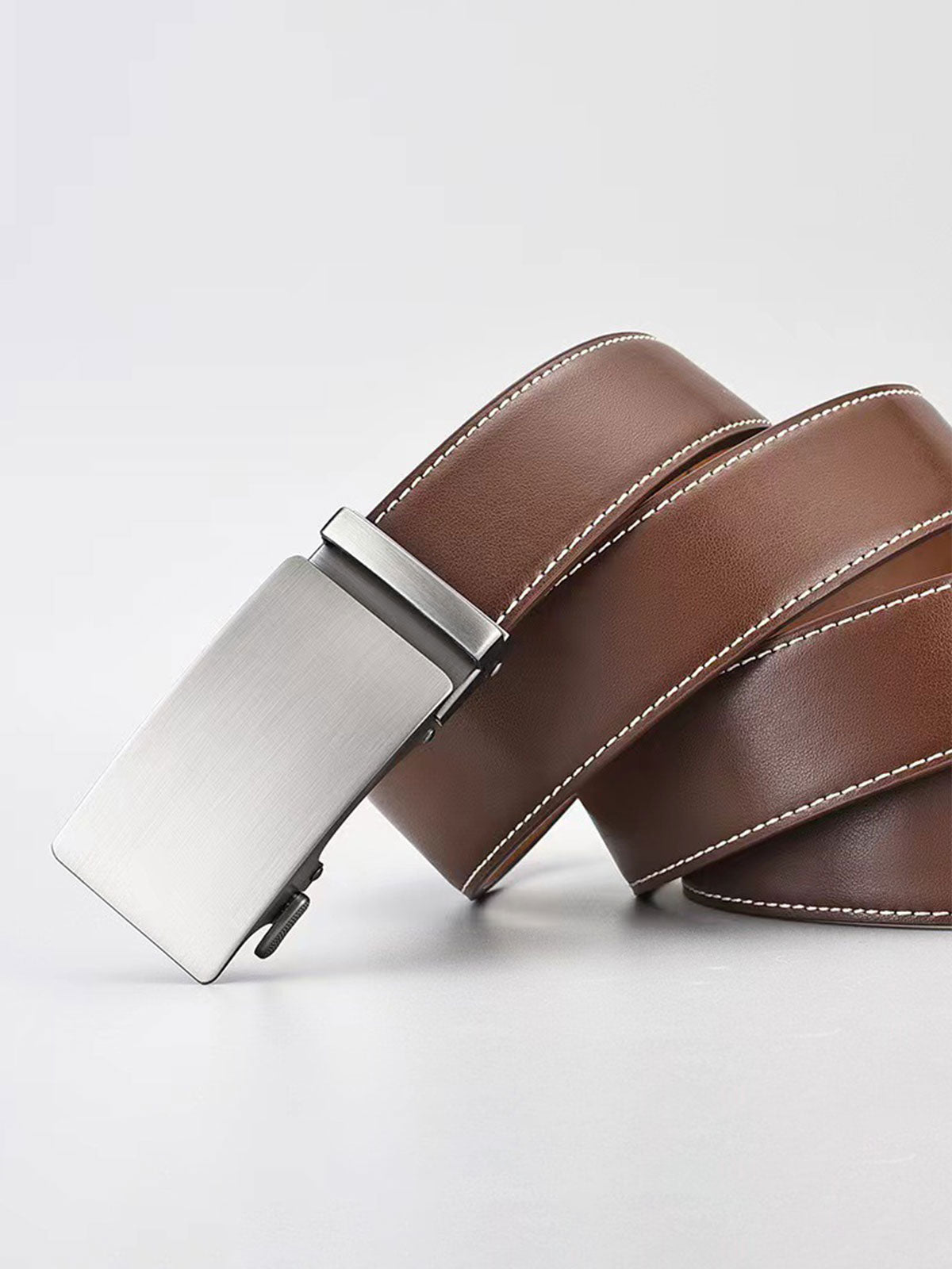 Men's Automatic Buckle Leather Belt, No-Hole Slide Ratchet Strap