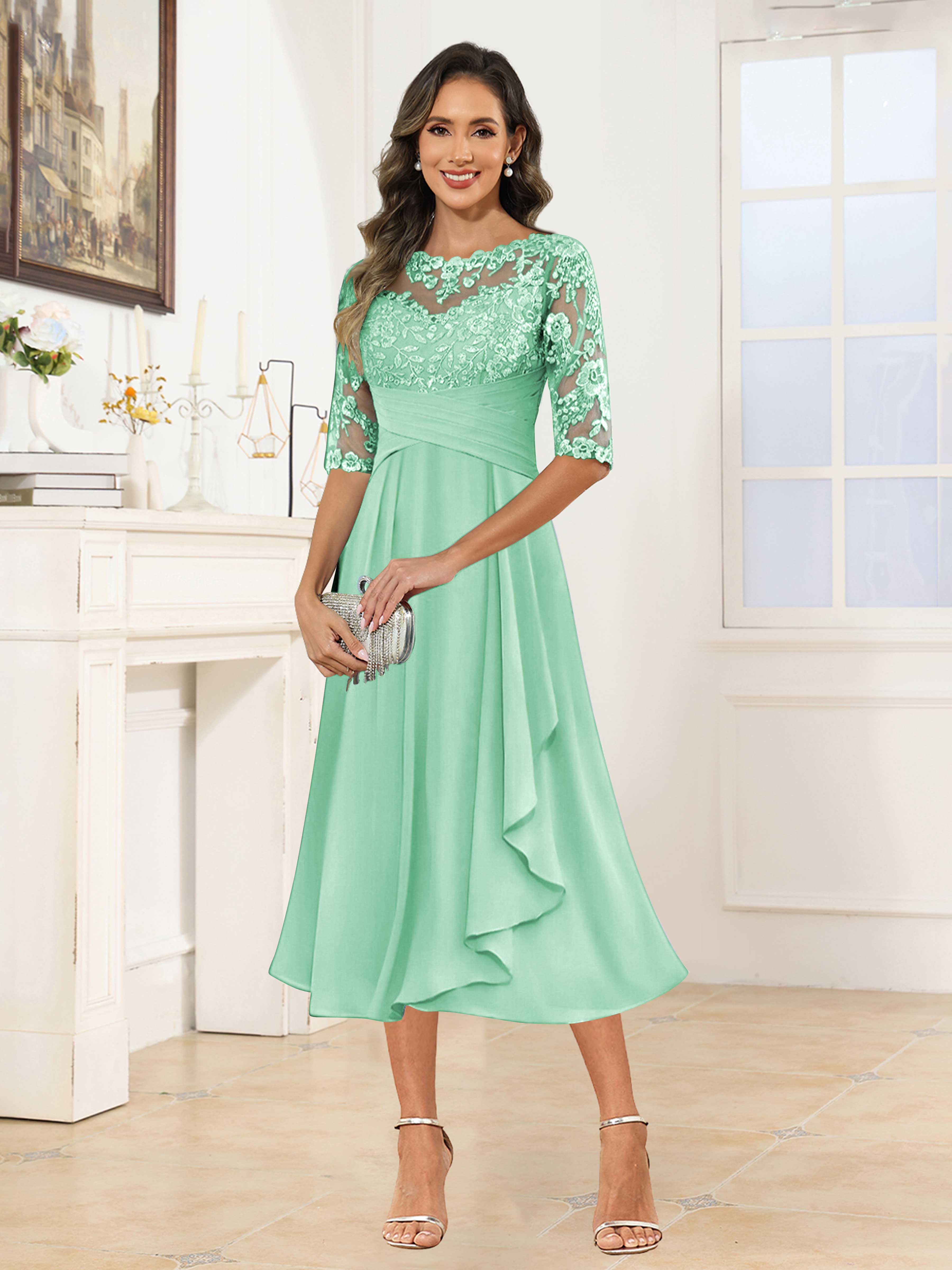 Traelithra Charming Illusion Ruffles Lace Tea Length Chiffon Mother of the Bride Dresses