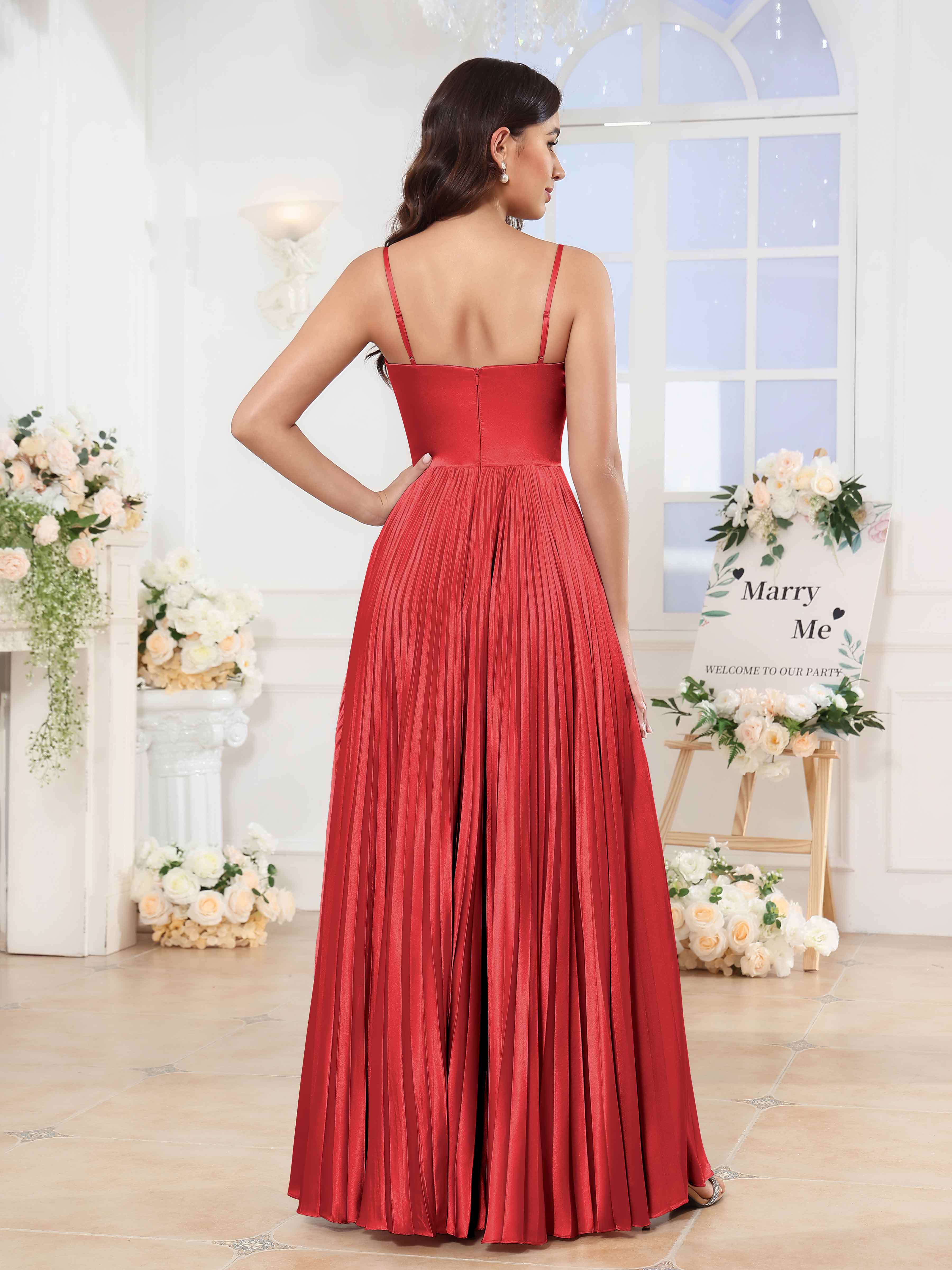 Mirenda Dreamy A-Line V Neck Pleated Long Satin Bridesmaid Dresses