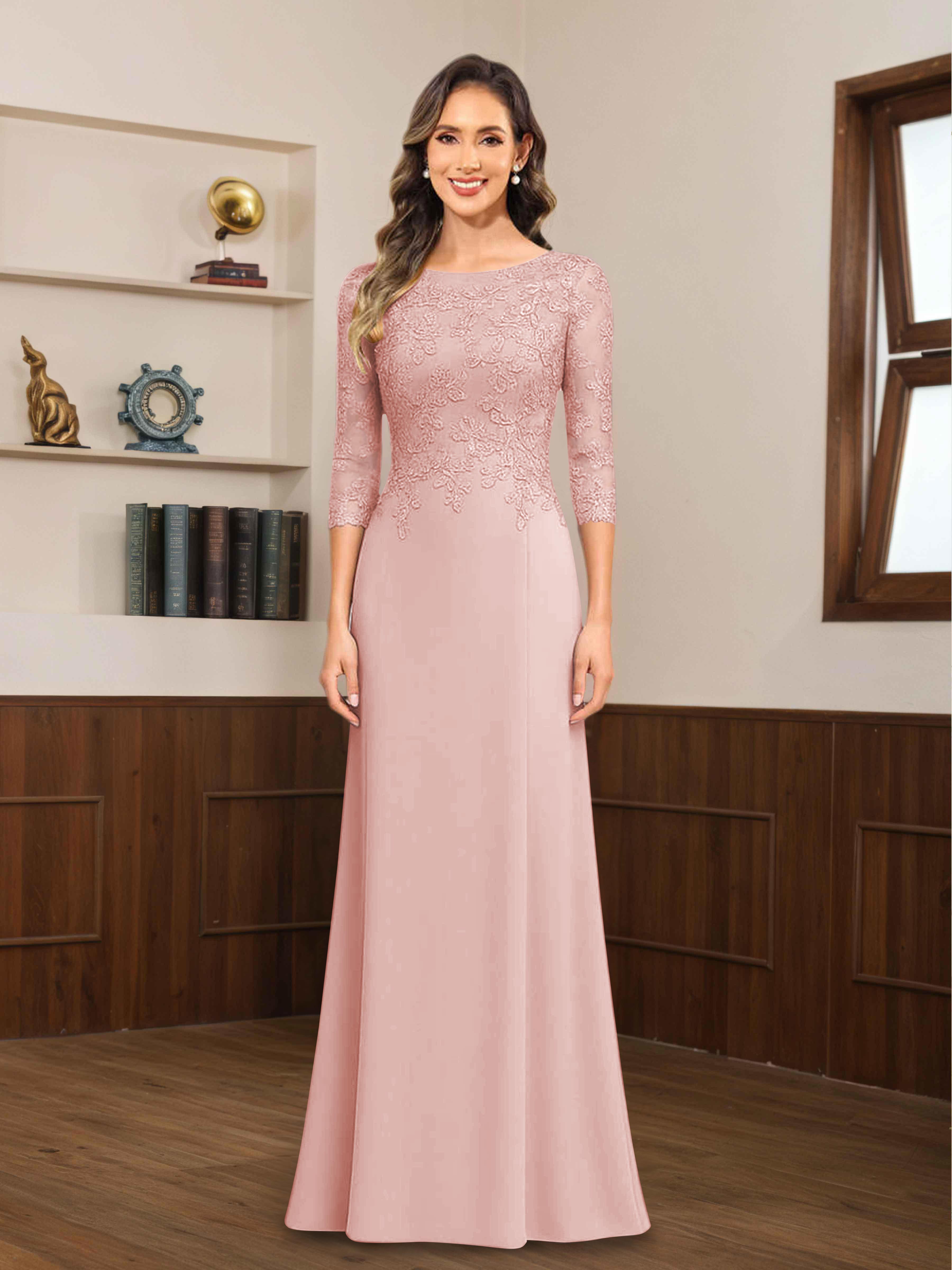 Mireya Enchanting Scoop 3/4 Sleeves Long Lace Chiffon Mother of The Bride Dresses