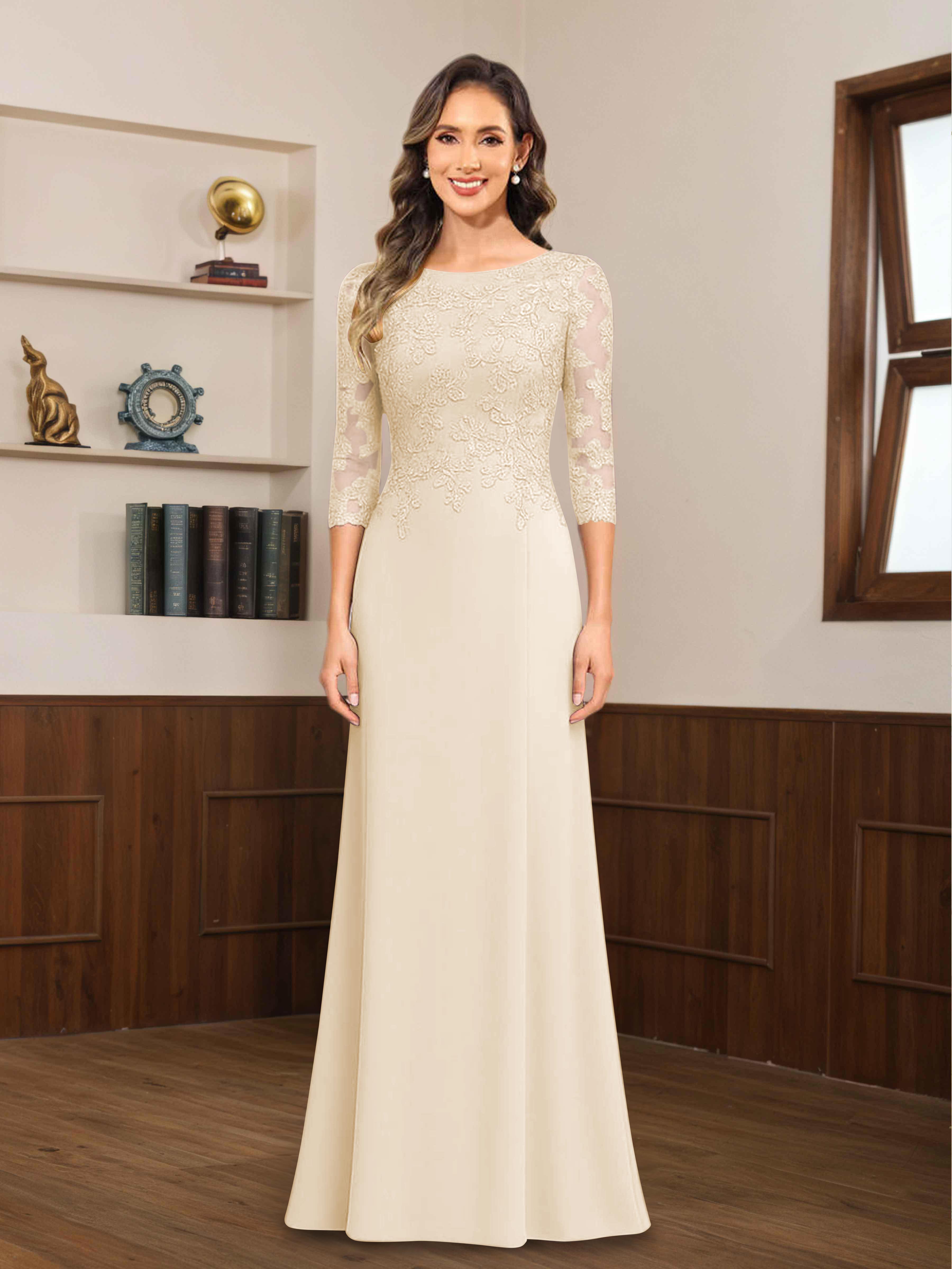 Mireya Enchanting Scoop 3/4 Sleeves Long Lace Chiffon Mother of The Bride Dresses