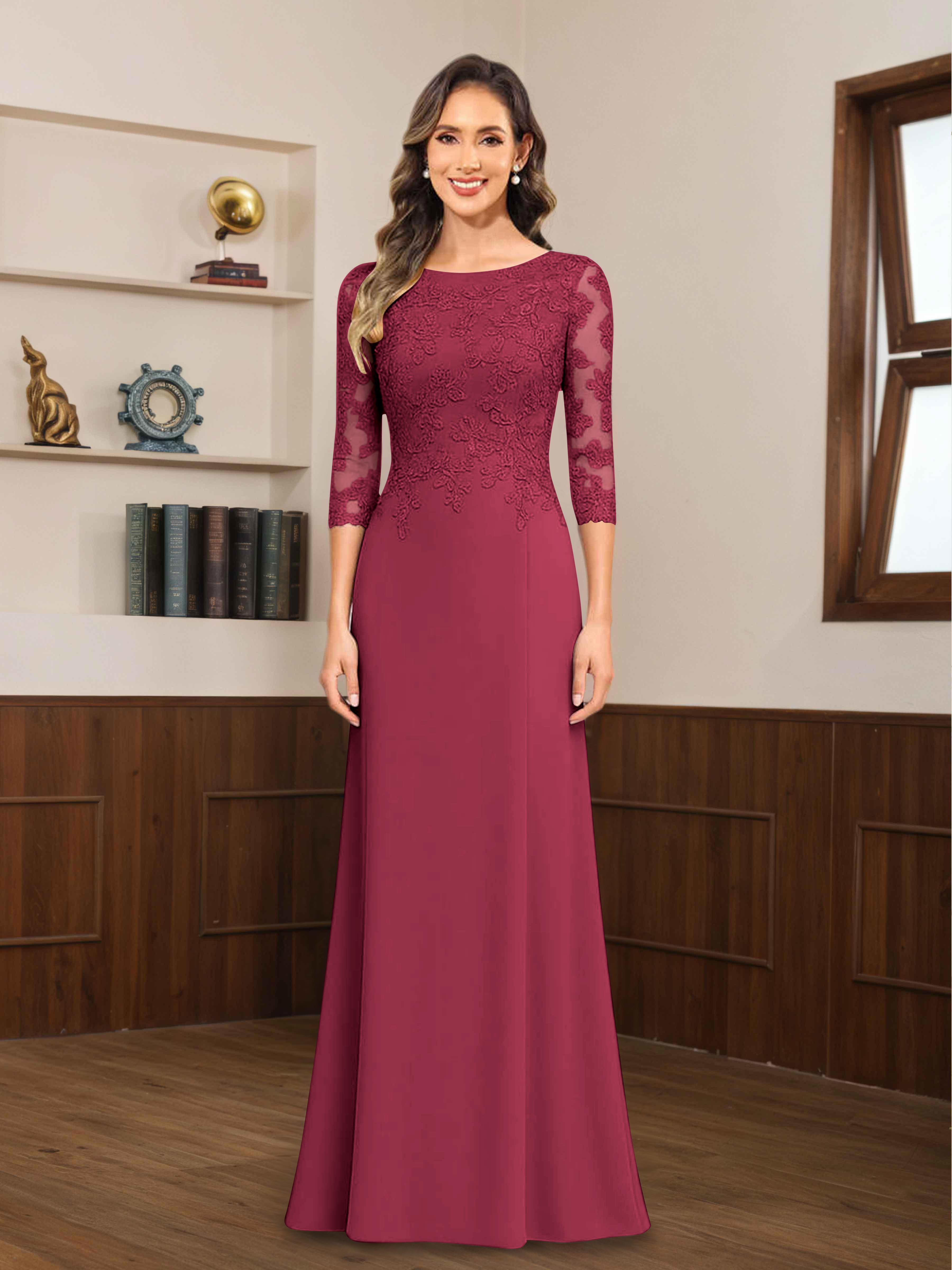 Mireya Enchanting Scoop 3/4 Sleeves Long Lace Chiffon Mother of The Bride Dresses