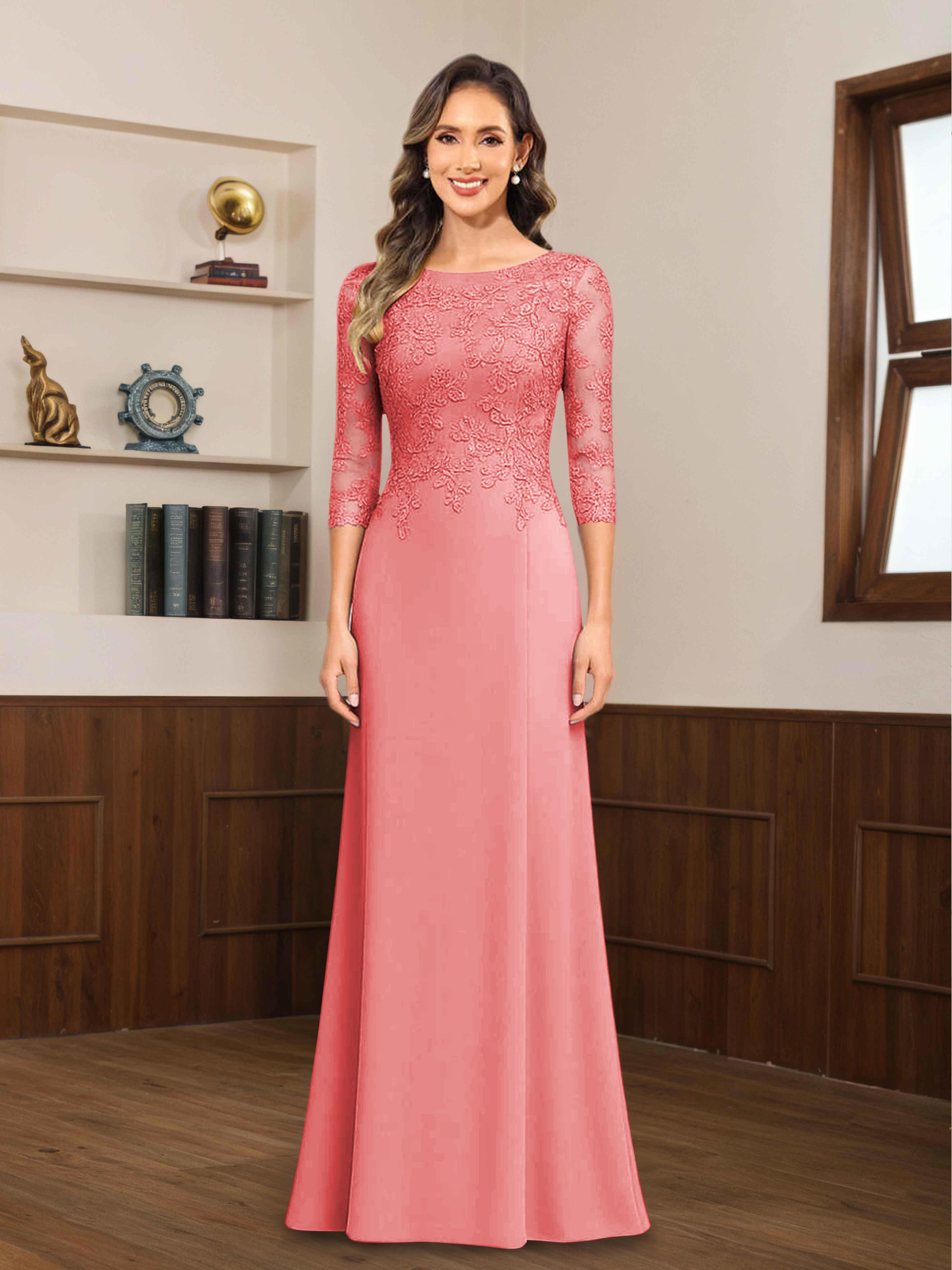 Mireya Enchanting Scoop 3/4 Sleeves Long Lace Chiffon Mother of The Bride Dresses