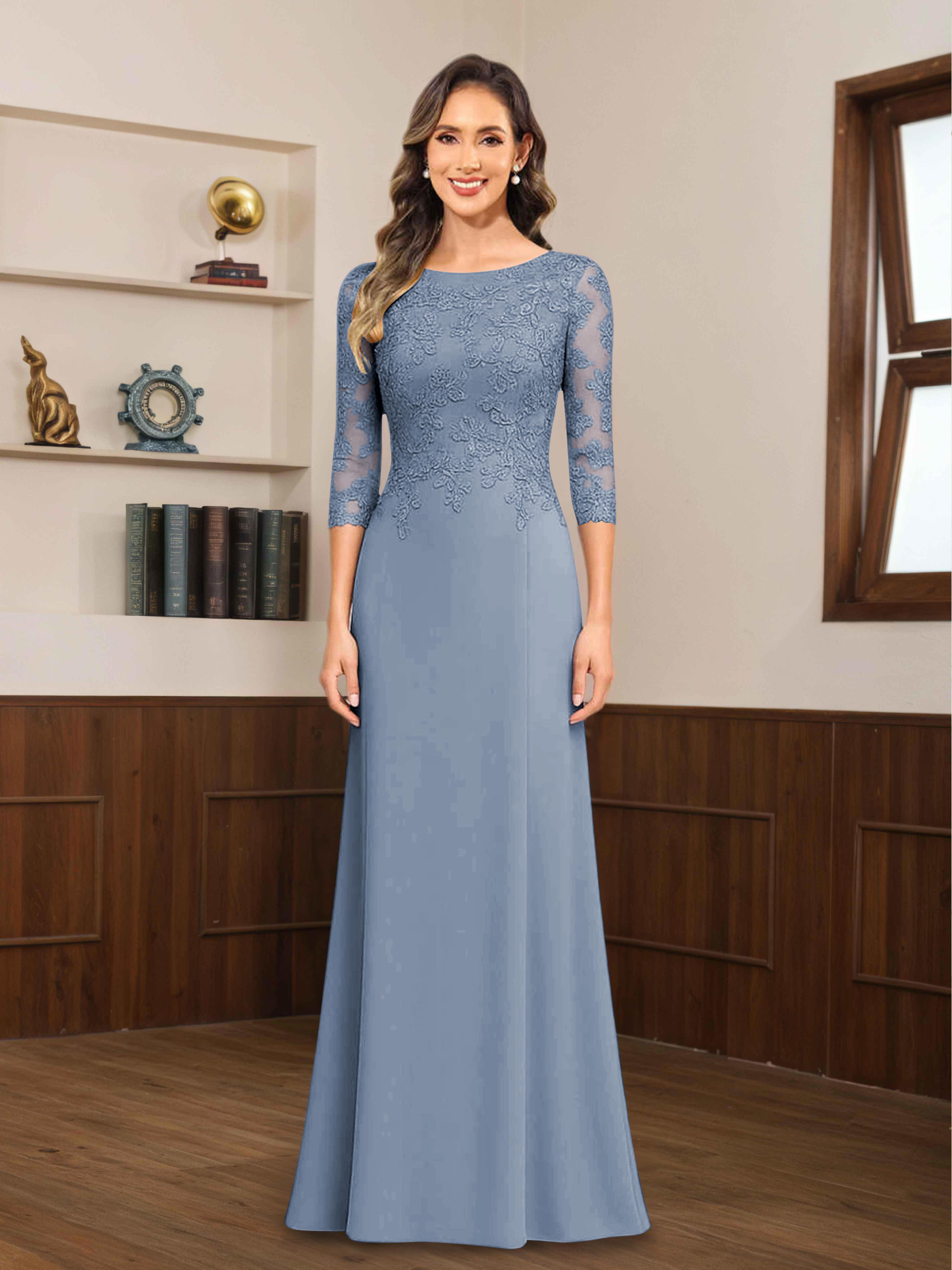 Mireya Enchanting Scoop 3/4 Sleeves Long Lace Chiffon Mother of The Bride Dresses