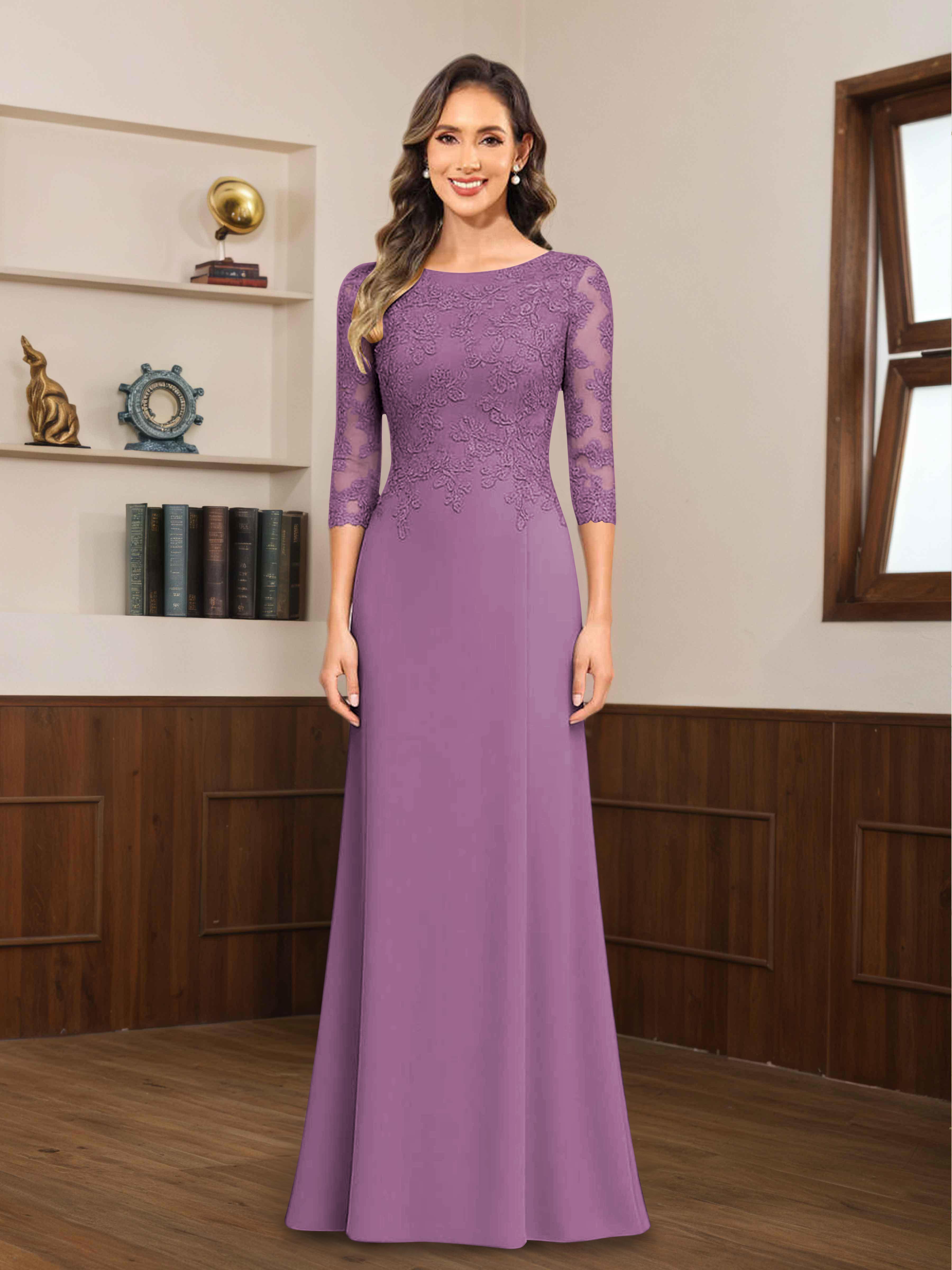 Mireya Enchanting Scoop 3/4 Sleeves Long Lace Chiffon Mother of The Bride Dresses