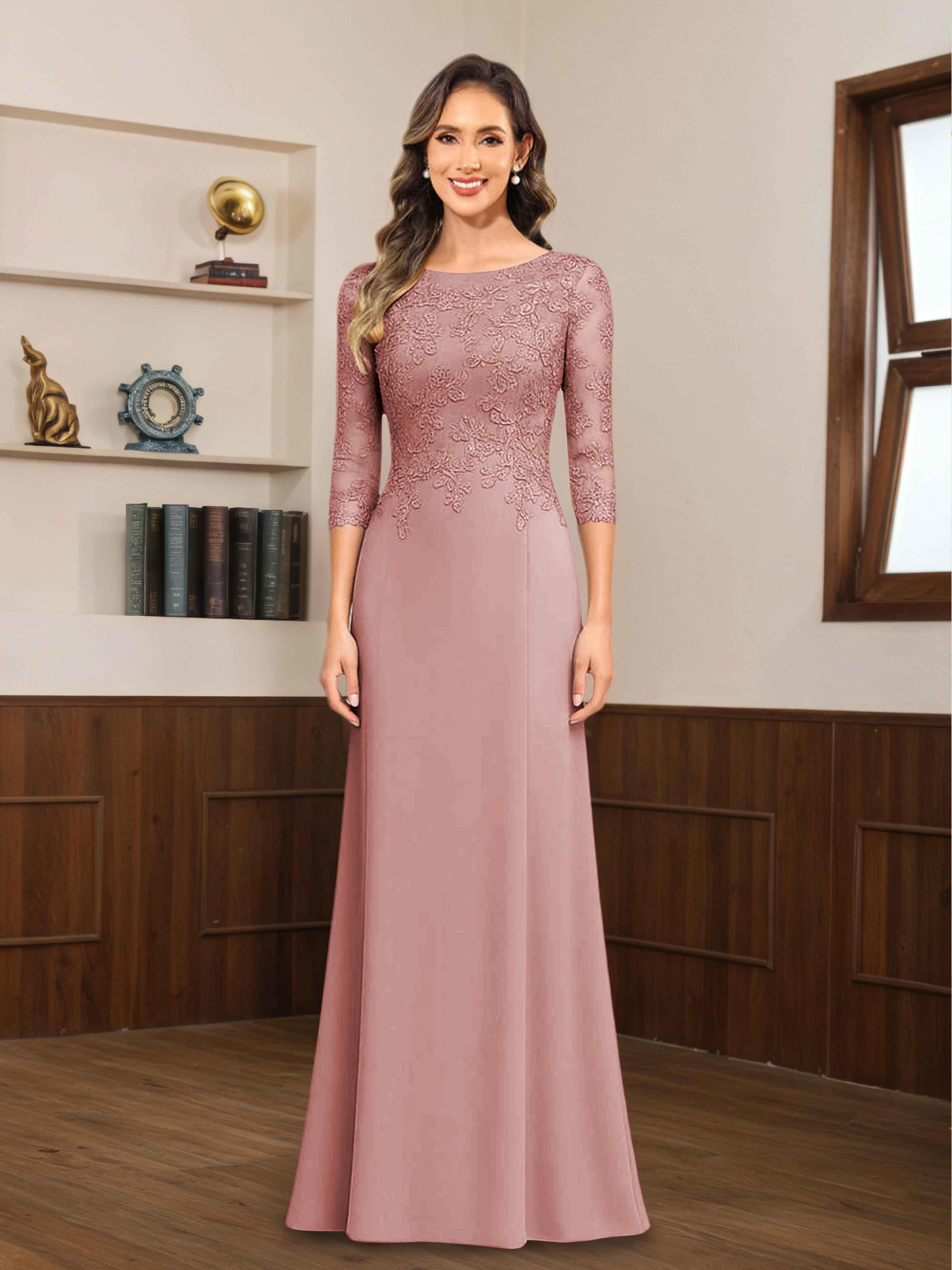 Mireya Enchanting Scoop 3/4 Sleeves Long Lace Chiffon Mother of The Bride Dresses