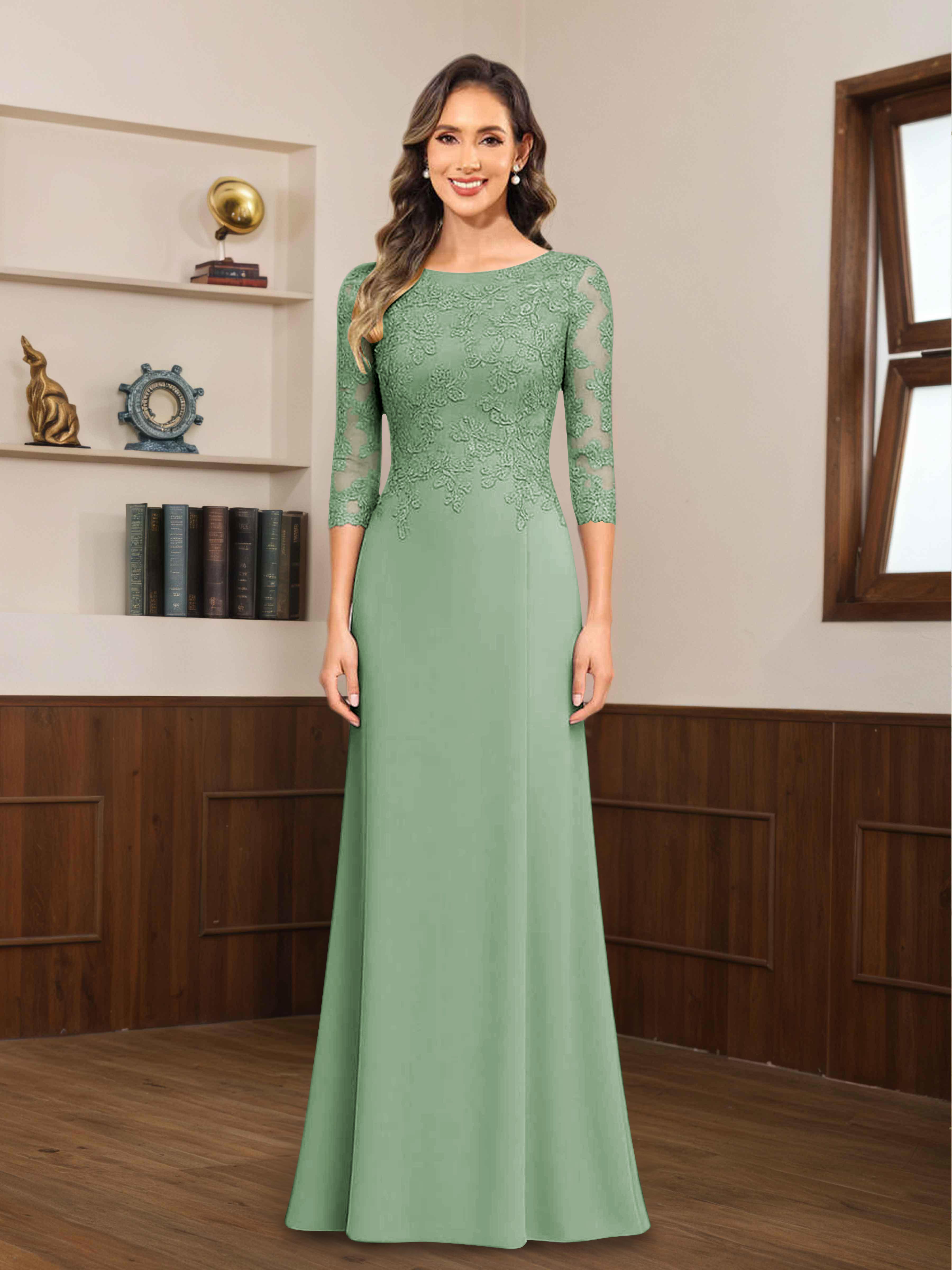 Mireya Enchanting Scoop 3/4 Sleeves Long Lace Chiffon Mother of The Bride Dresses
