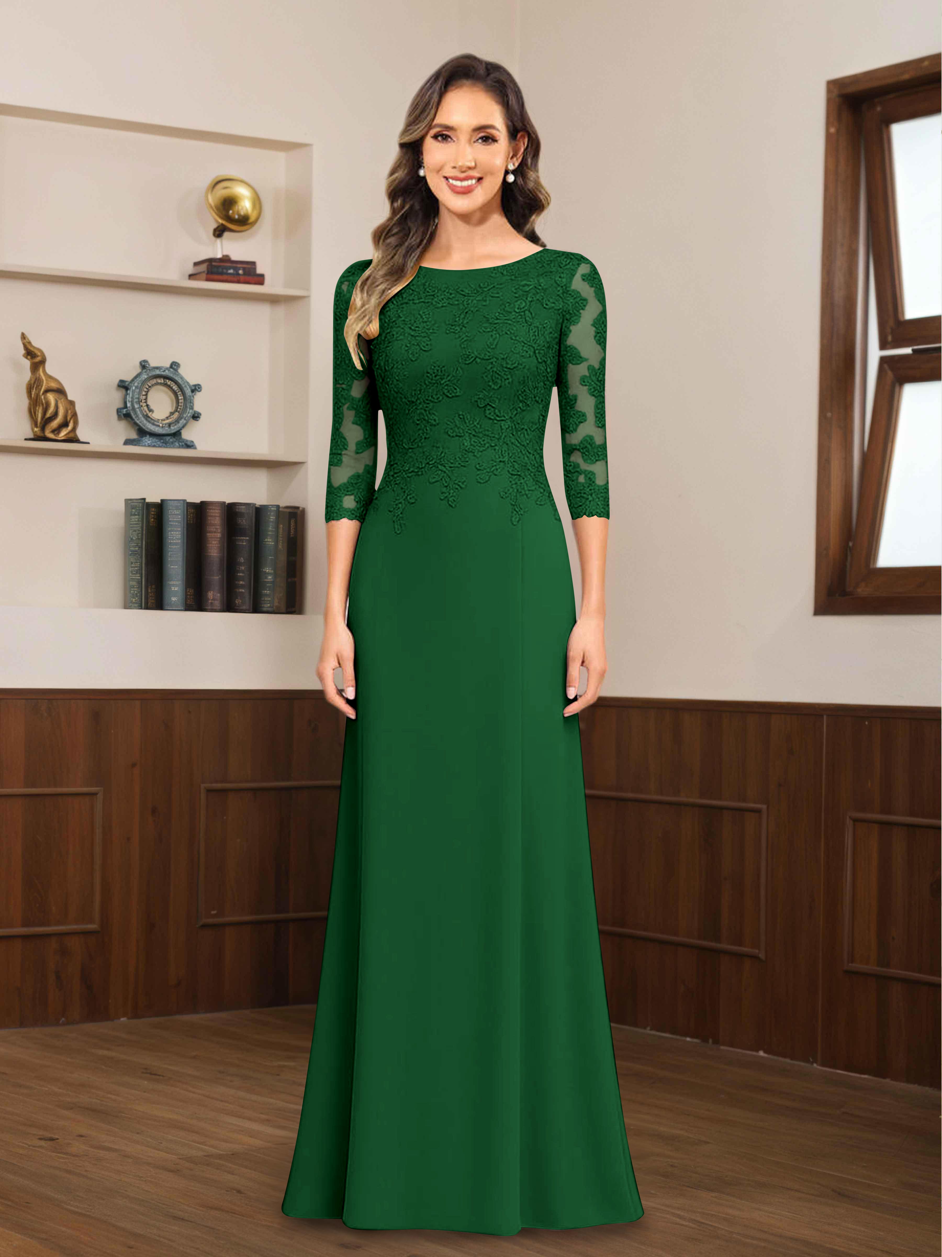 Mireya Enchanting Scoop 3/4 Sleeves Long Lace Chiffon Mother of The Bride Dresses