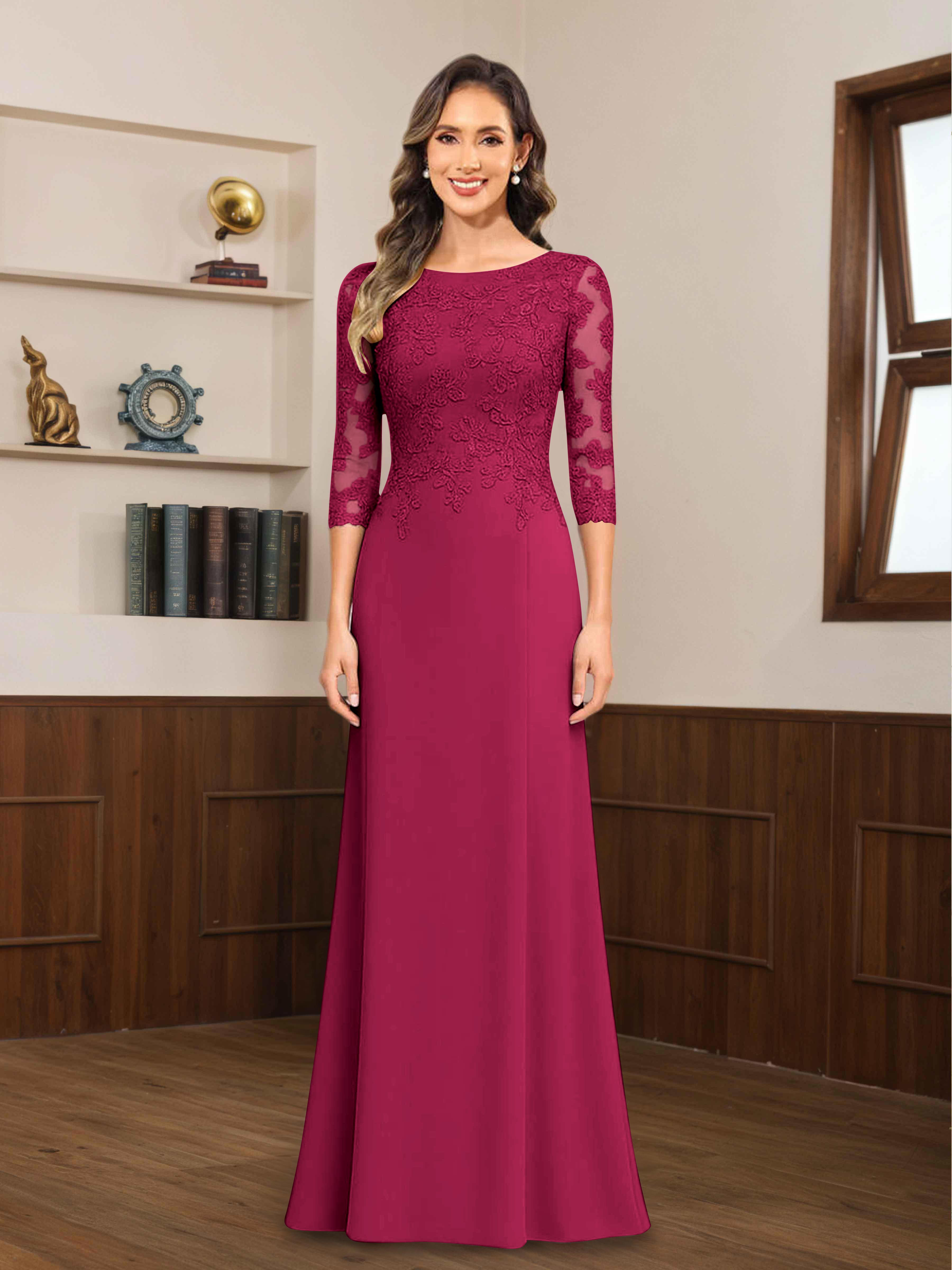 Mireya Enchanting Scoop 3/4 Sleeves Long Lace Chiffon Mother of The Bride Dresses