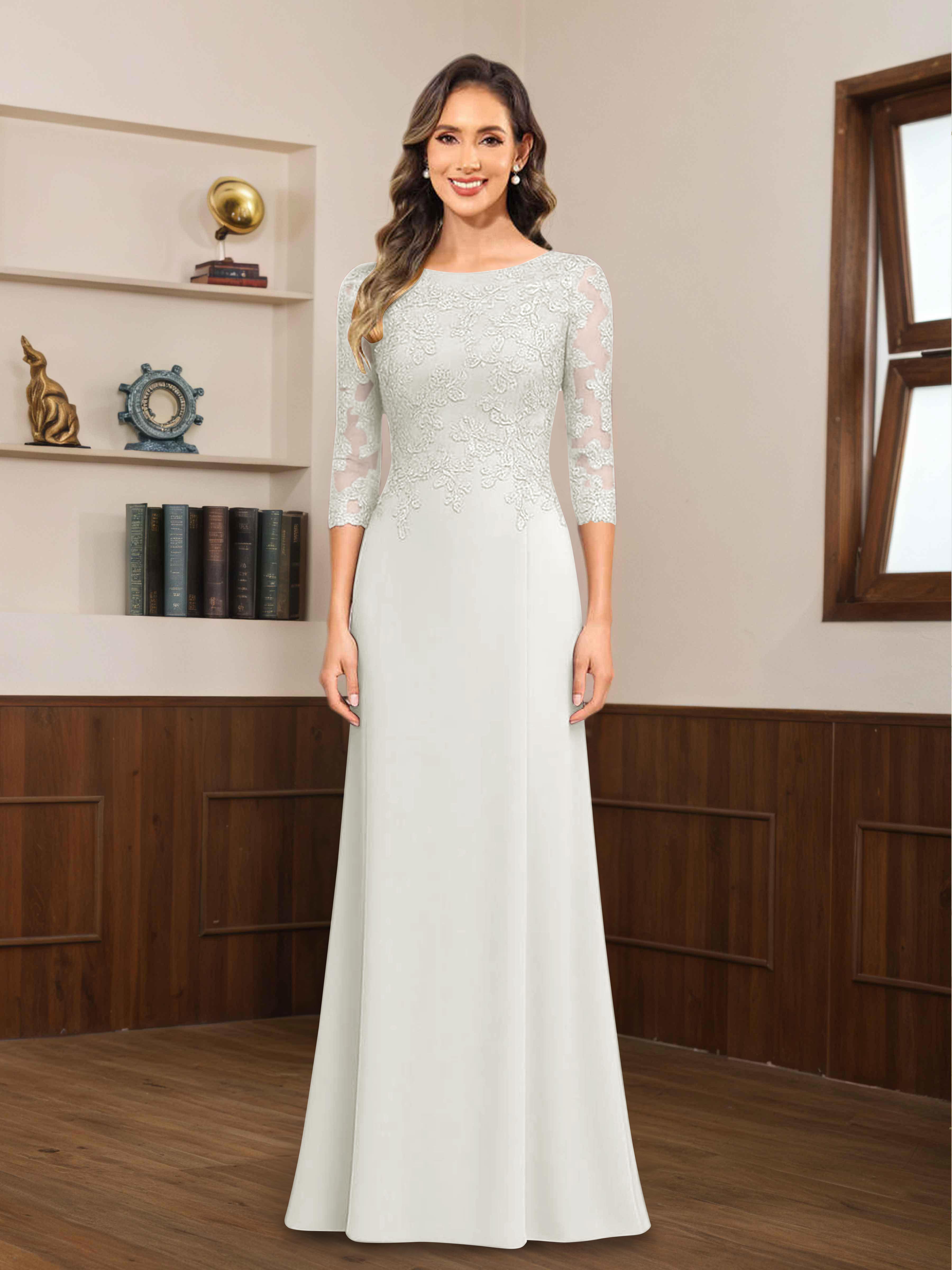 Mireya Enchanting Scoop 3/4 Sleeves Long Lace Chiffon Mother of The Bride Dresses