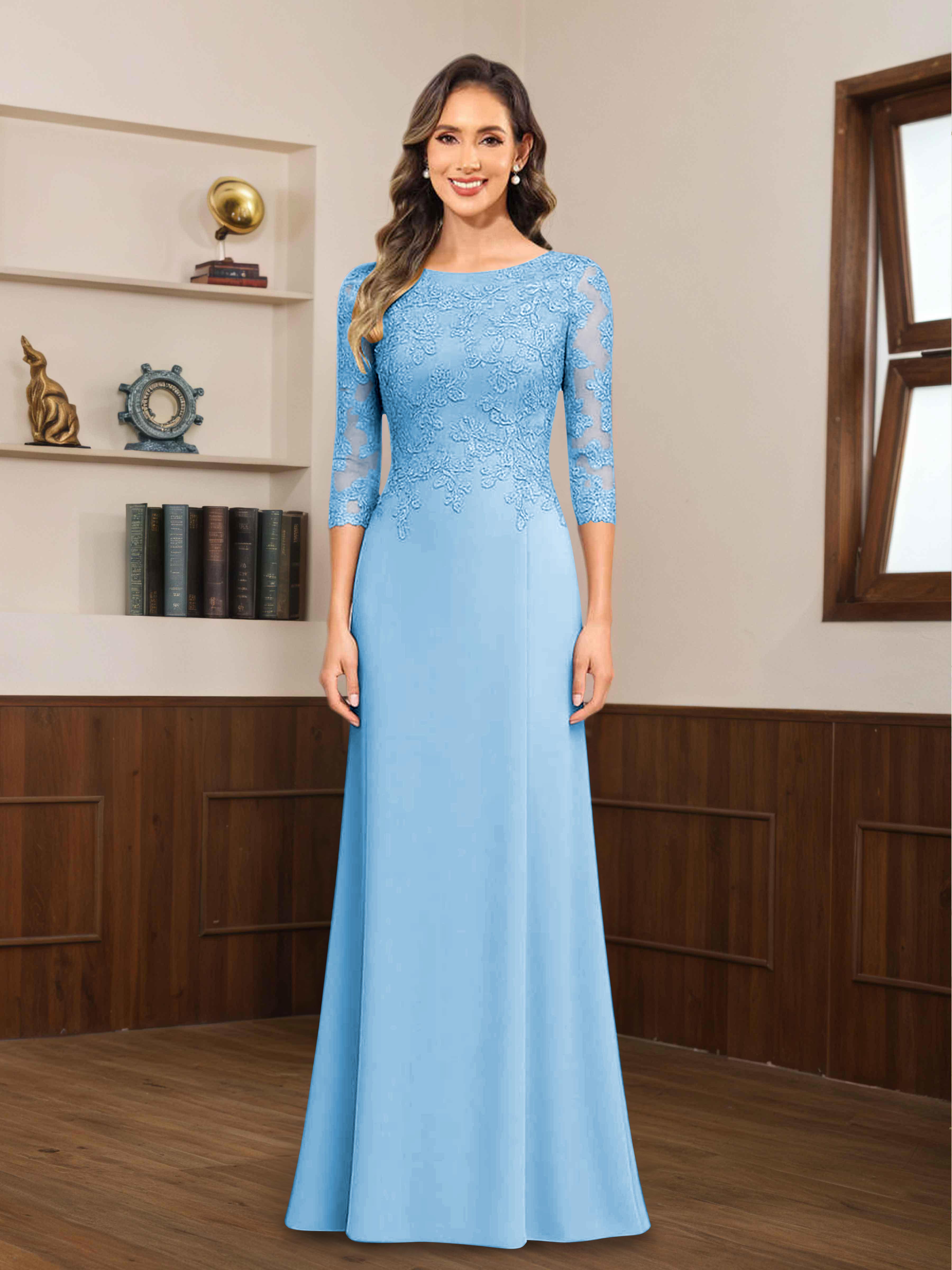 Mireya Enchanting Scoop 3/4 Sleeves Long Lace Chiffon Mother of The Bride Dresses