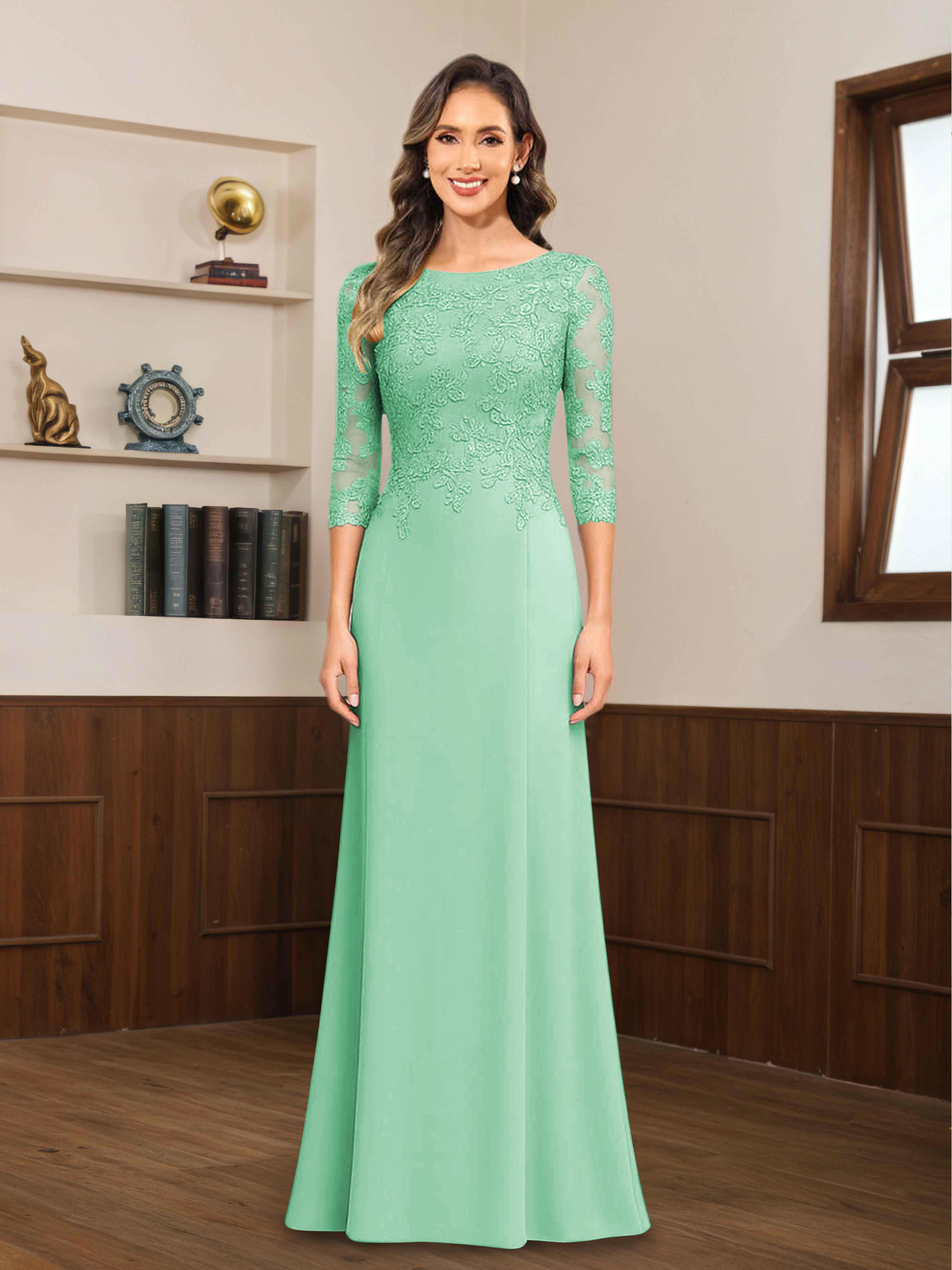 Mireya Enchanting Scoop 3/4 Sleeves Long Lace Chiffon Mother of The Bride Dresses