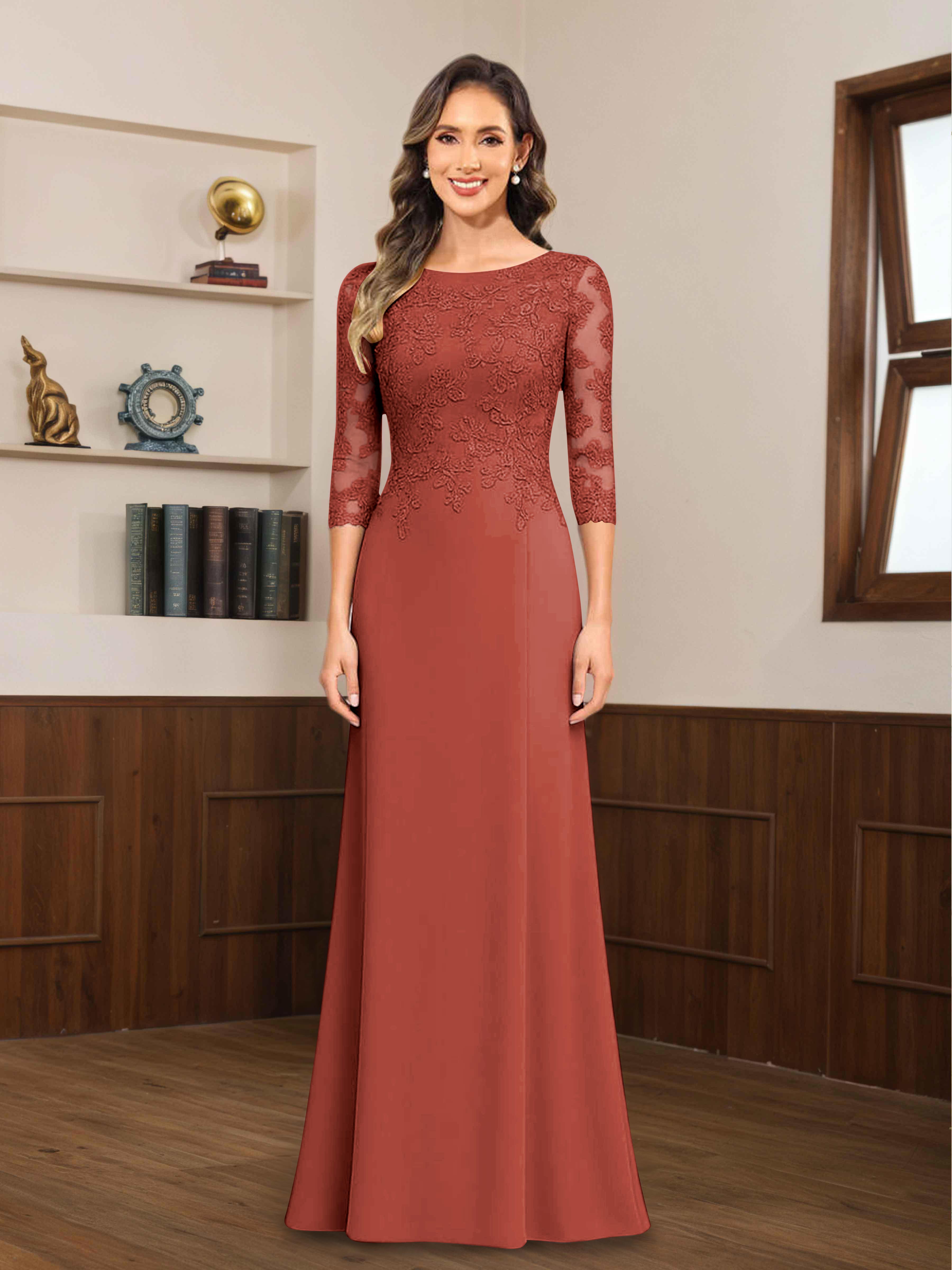 Mireya Enchanting Scoop 3/4 Sleeves Long Lace Chiffon Mother of The Bride Dresses