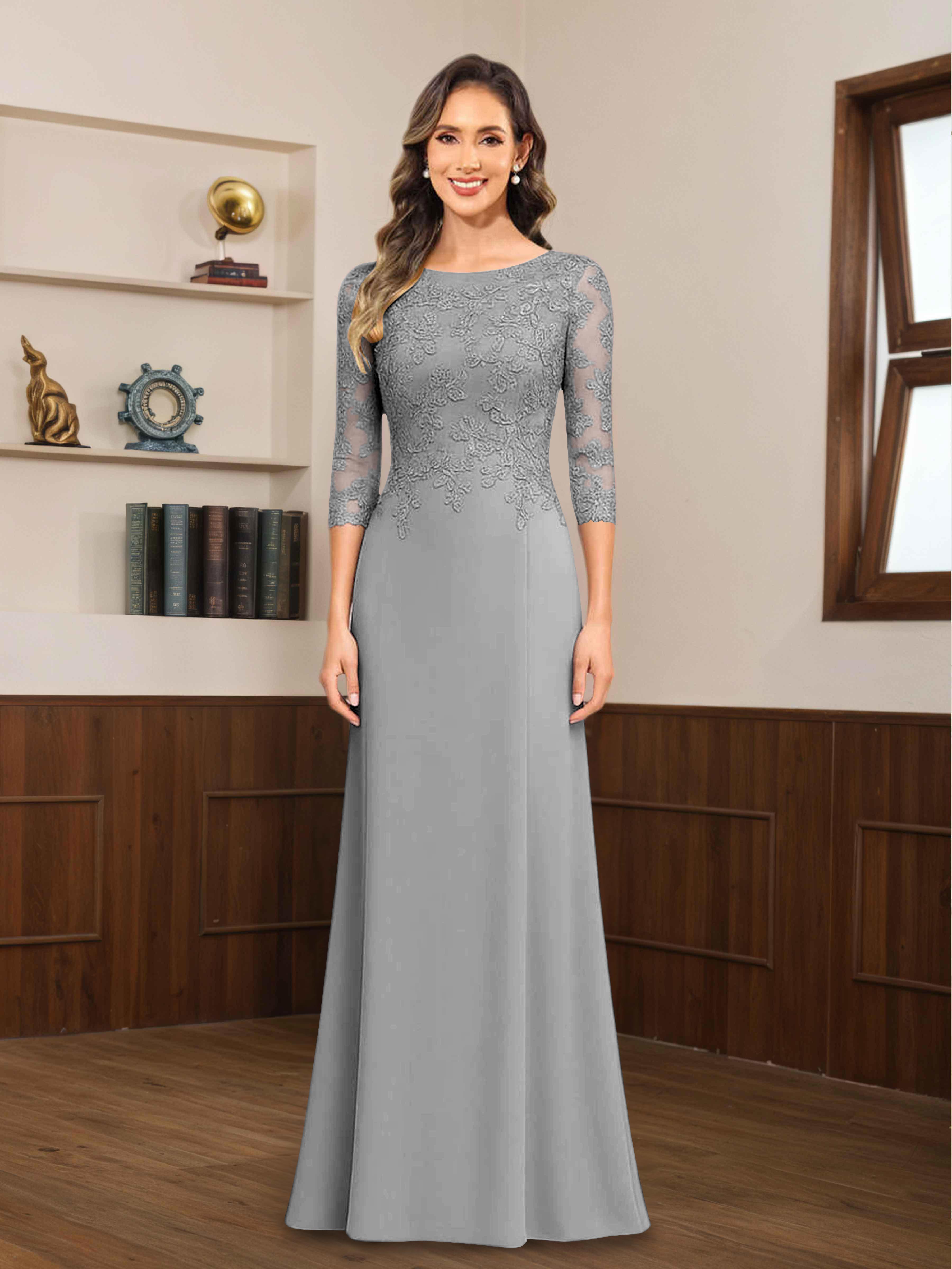 Mireya Enchanting Scoop 3/4 Sleeves Long Lace Chiffon Mother of The Bride Dresses