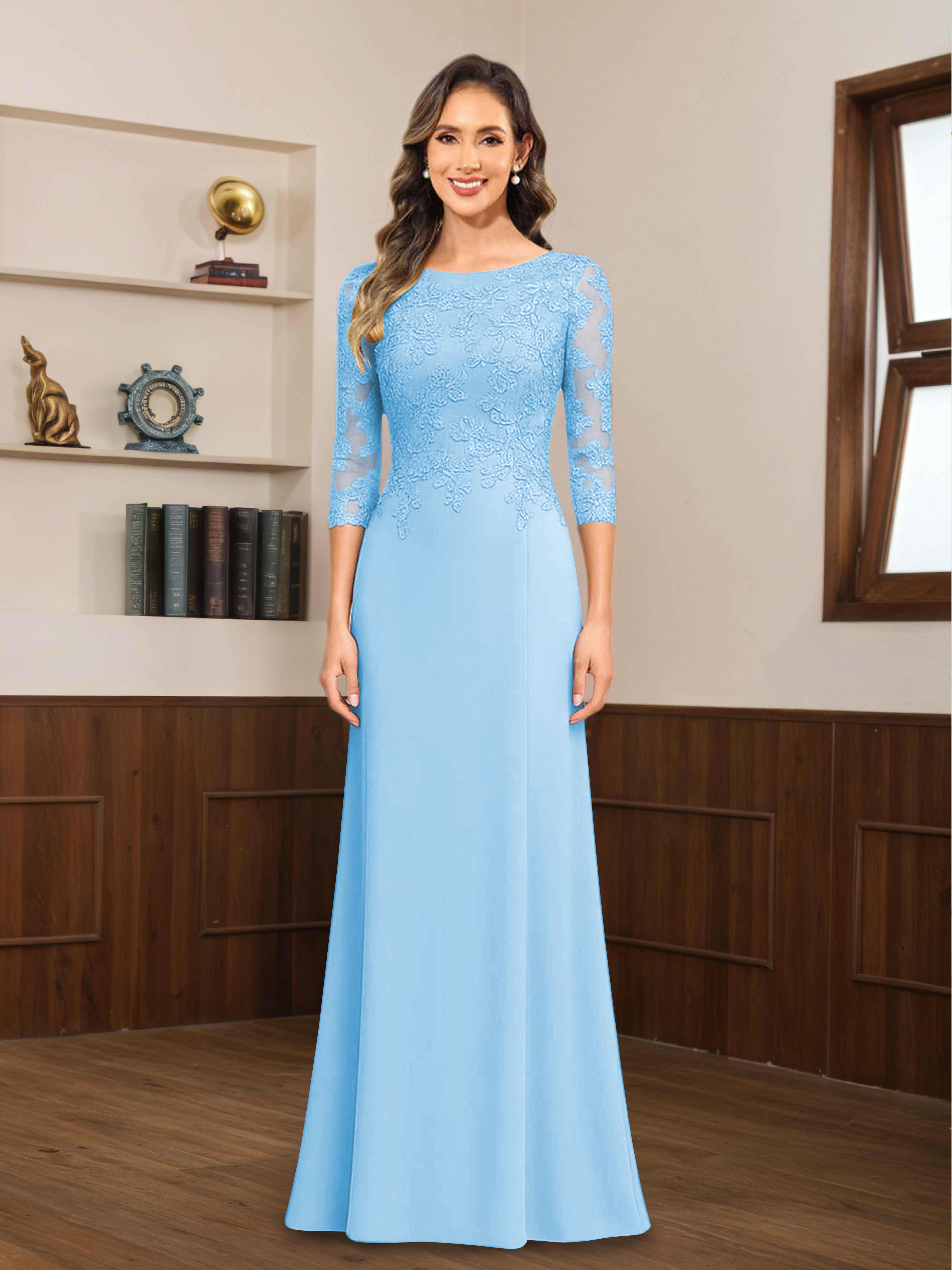 Mireya Enchanting Scoop 3/4 Sleeves Long Lace Chiffon Mother of The Bride Dresses