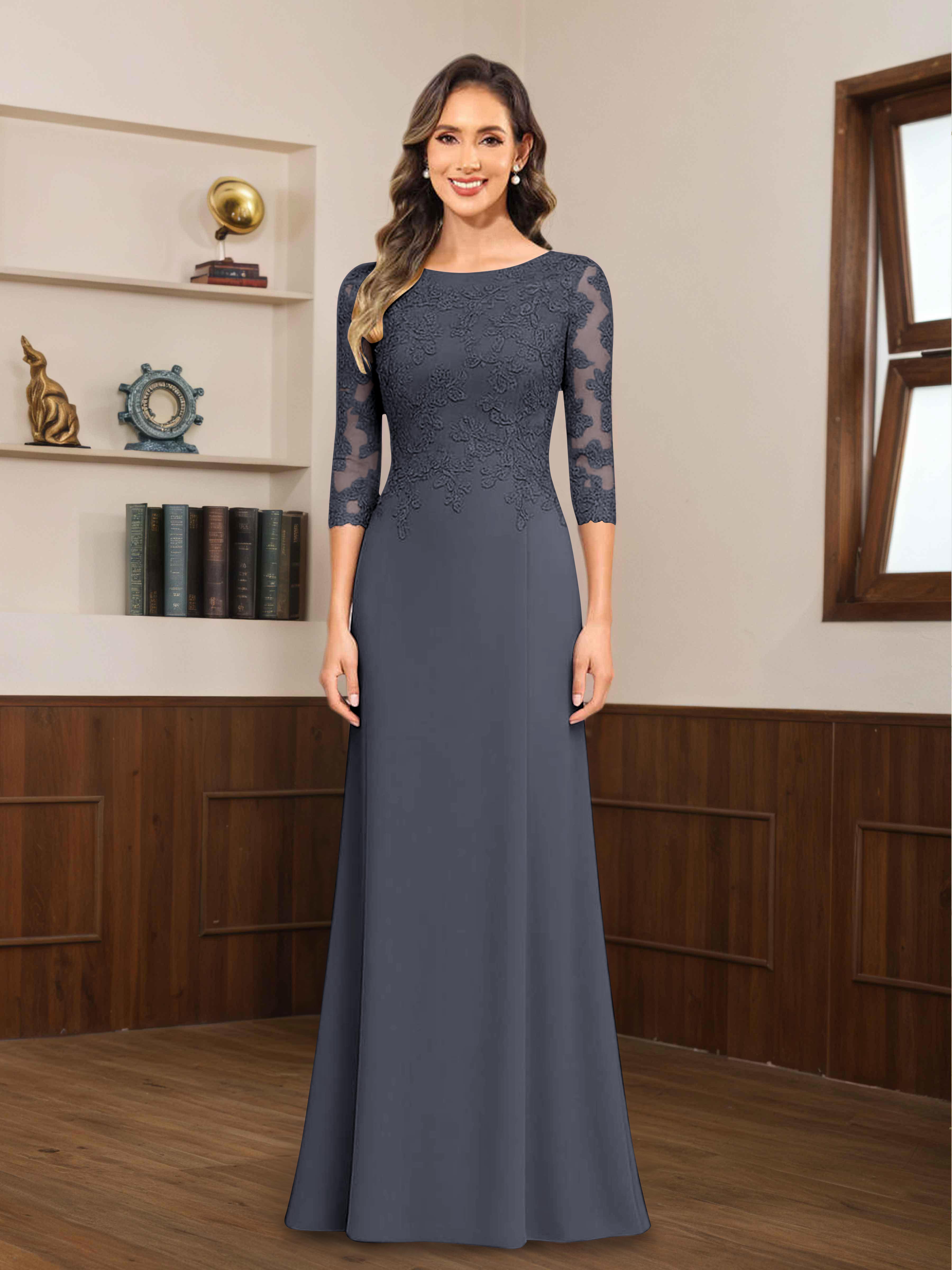 Mireya Enchanting Scoop 3/4 Sleeves Long Lace Chiffon Mother of The Bride Dresses