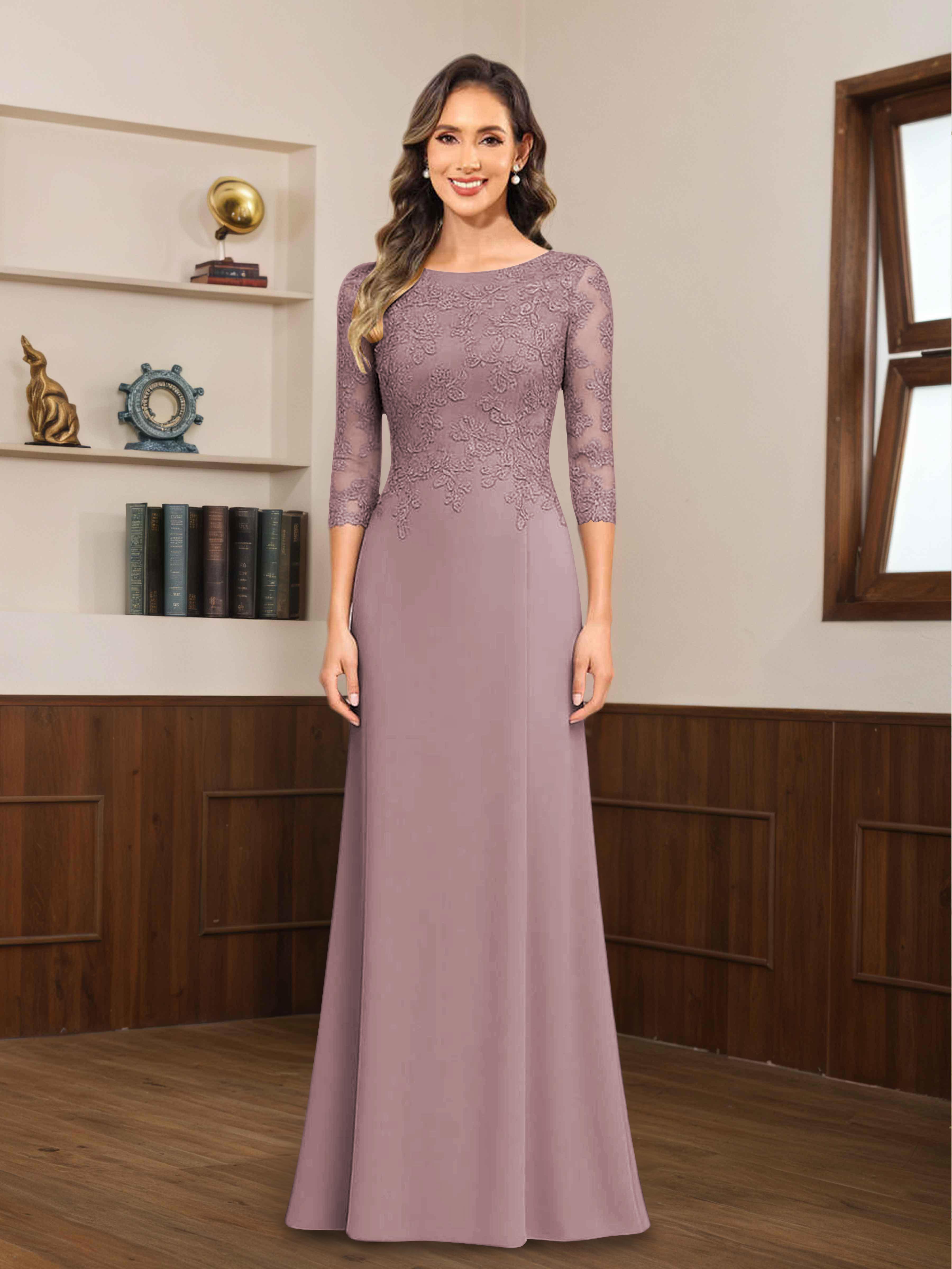 Mireya Enchanting Scoop 3/4 Sleeves Long Lace Chiffon Mother of The Bride Dresses