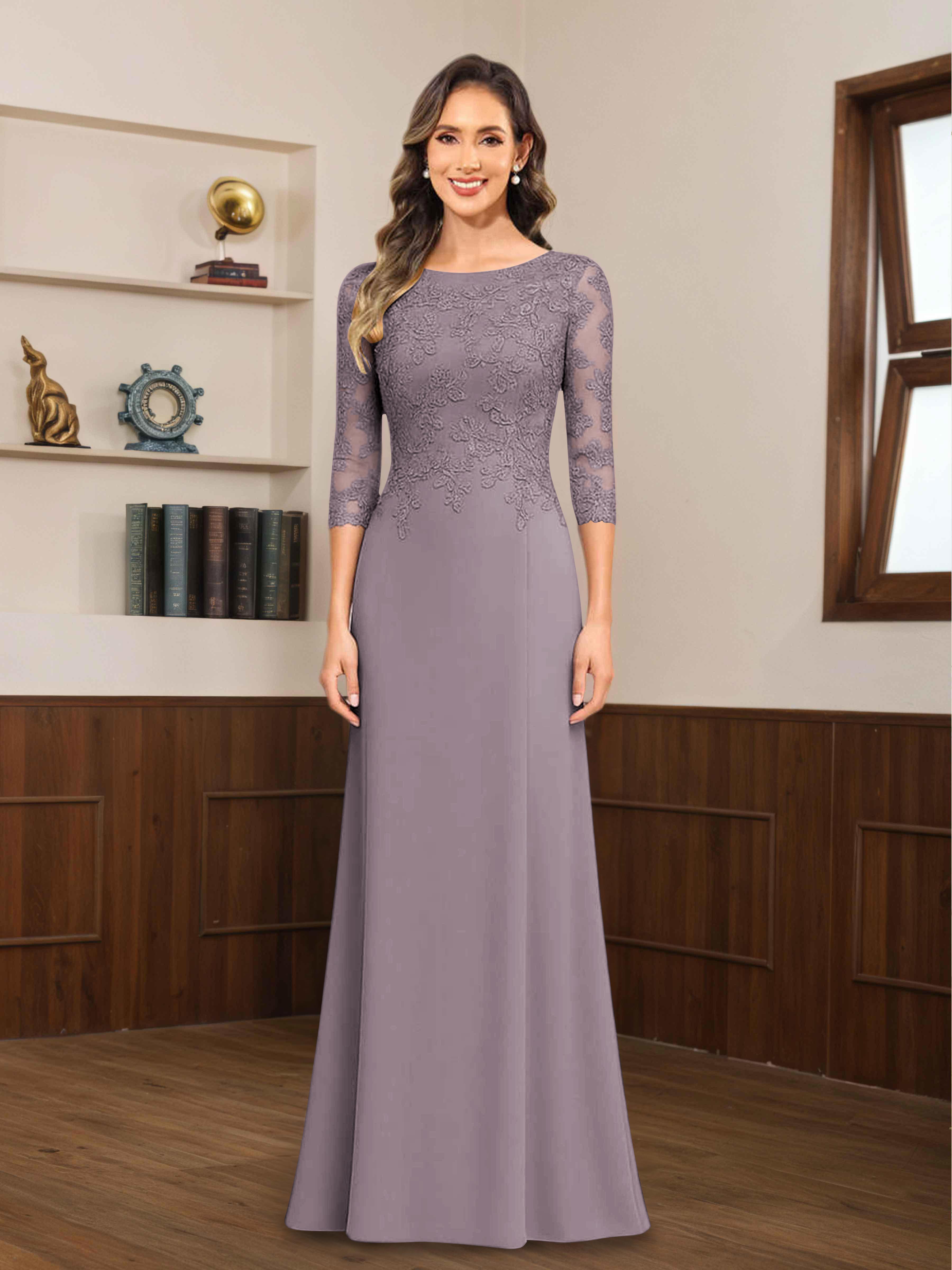 Mireya Enchanting Scoop 3/4 Sleeves Long Lace Chiffon Mother of The Bride Dresses