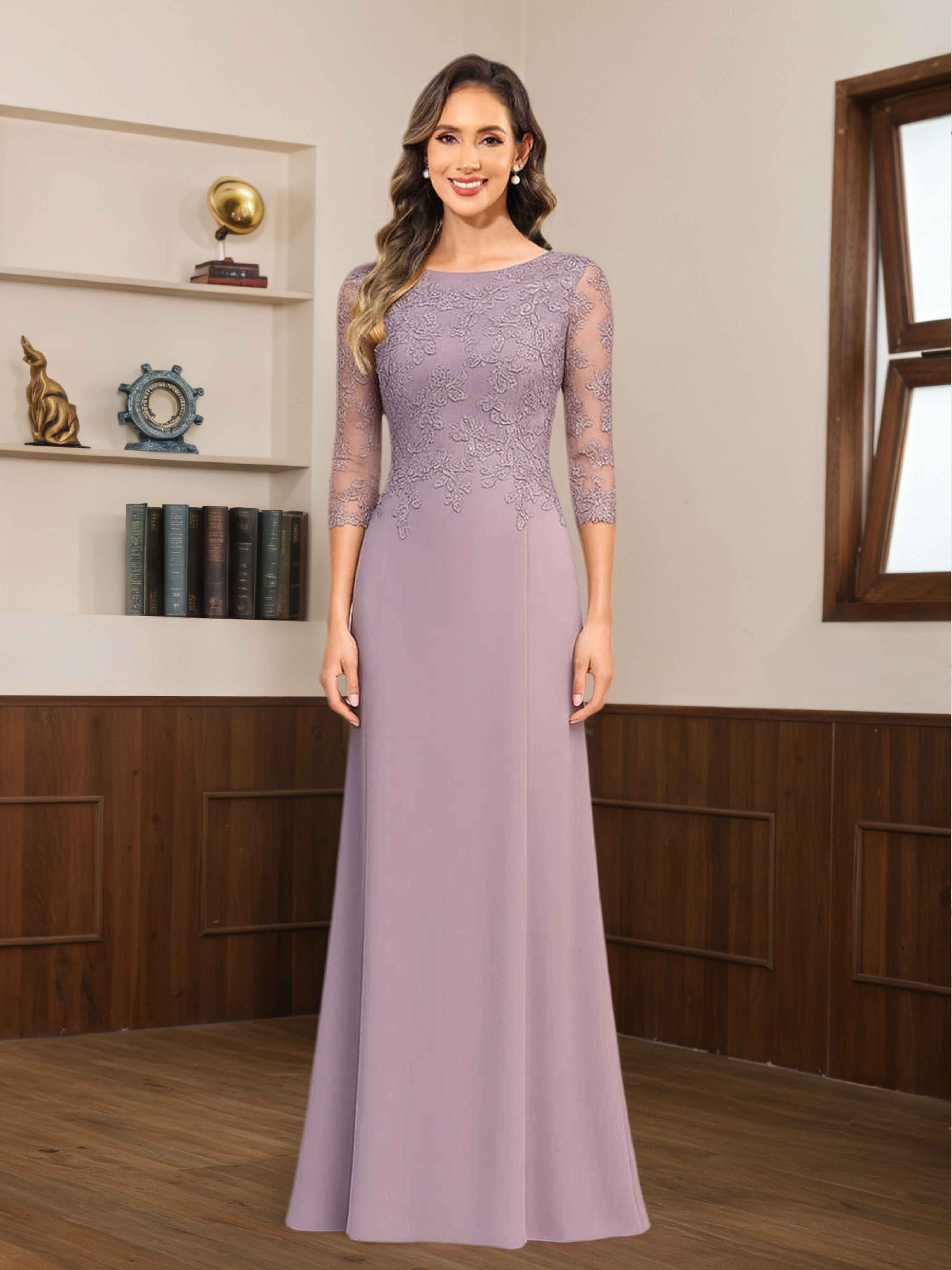 Mireya Enchanting Scoop 3/4 Sleeves Long Lace Chiffon Mother of The Bride Dresses