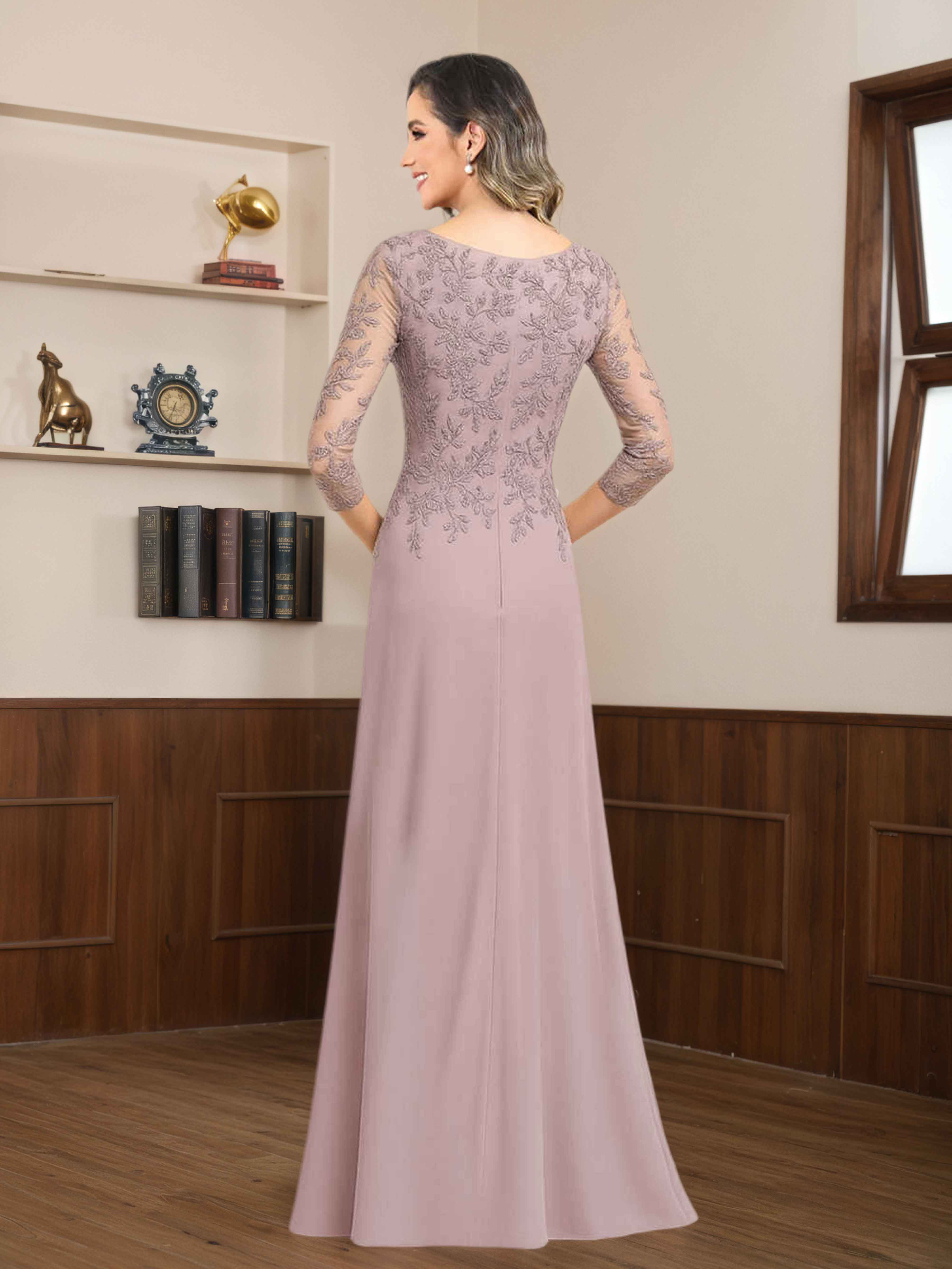Mireya Enchanting Scoop 3/4 Sleeves Long Lace Chiffon Mother of The Bride Dresses