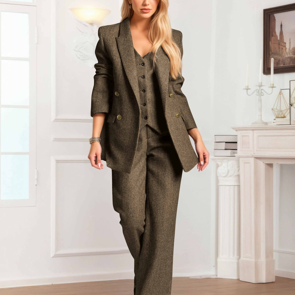 Modern Women's 3 Pieces Herringbone Semi Formal Suit, Gray