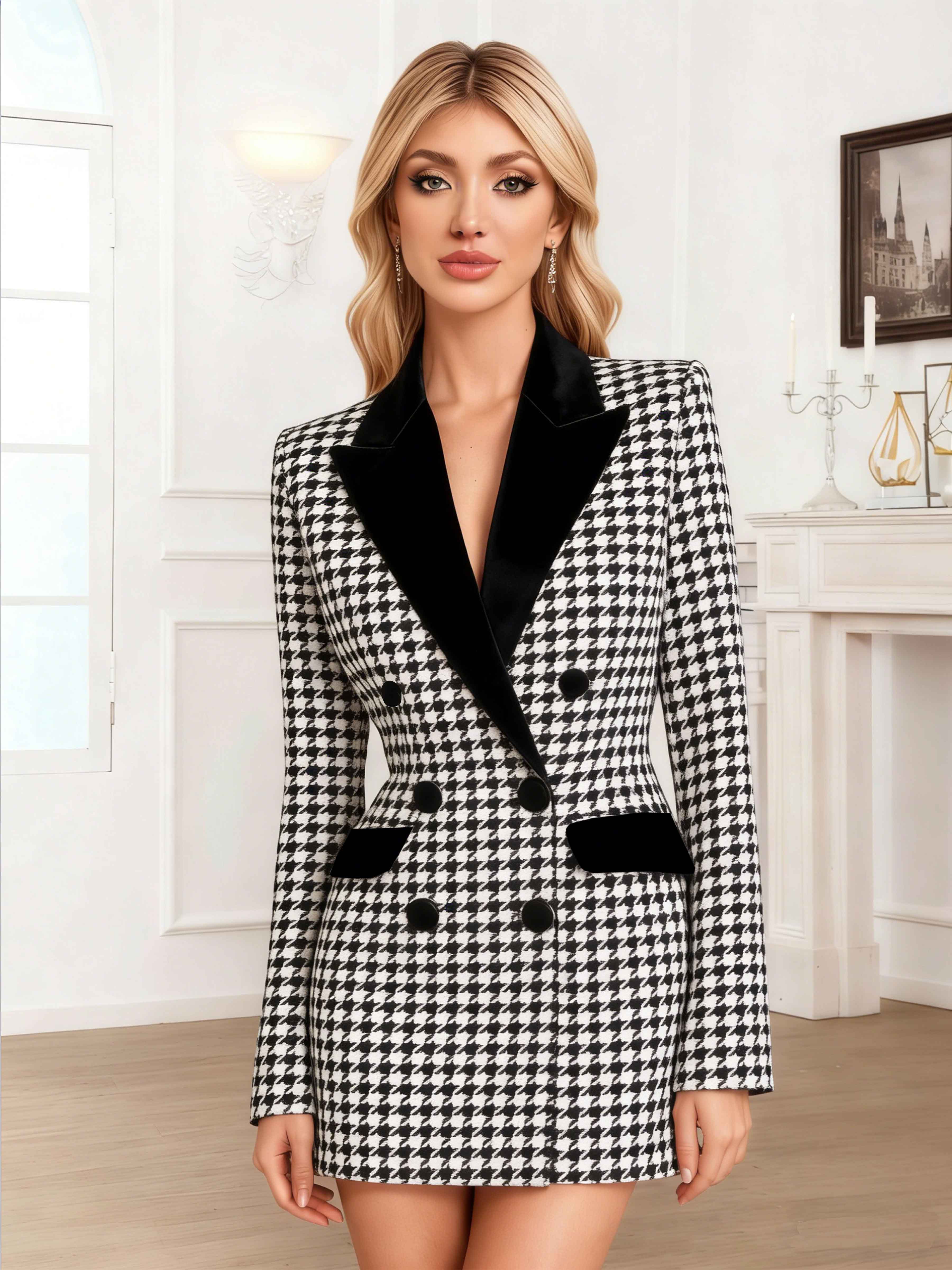 Modern Women's Houndstooth Notch Lapel Double Breasted Formal Blazer