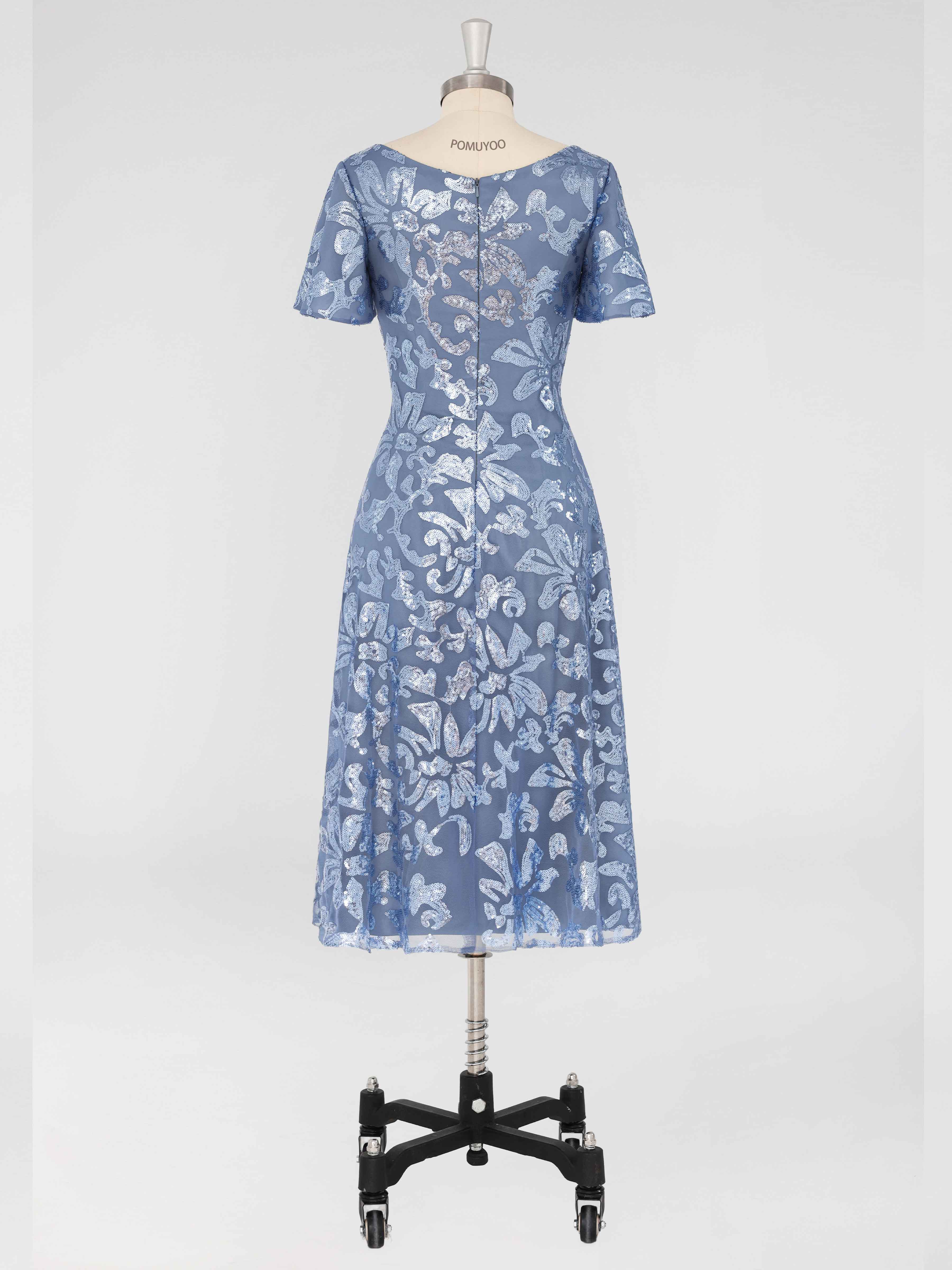 Modest A-Line Scoop Short Sleeves Tea Length Sequins Mother of the Bride & Groom Dresses