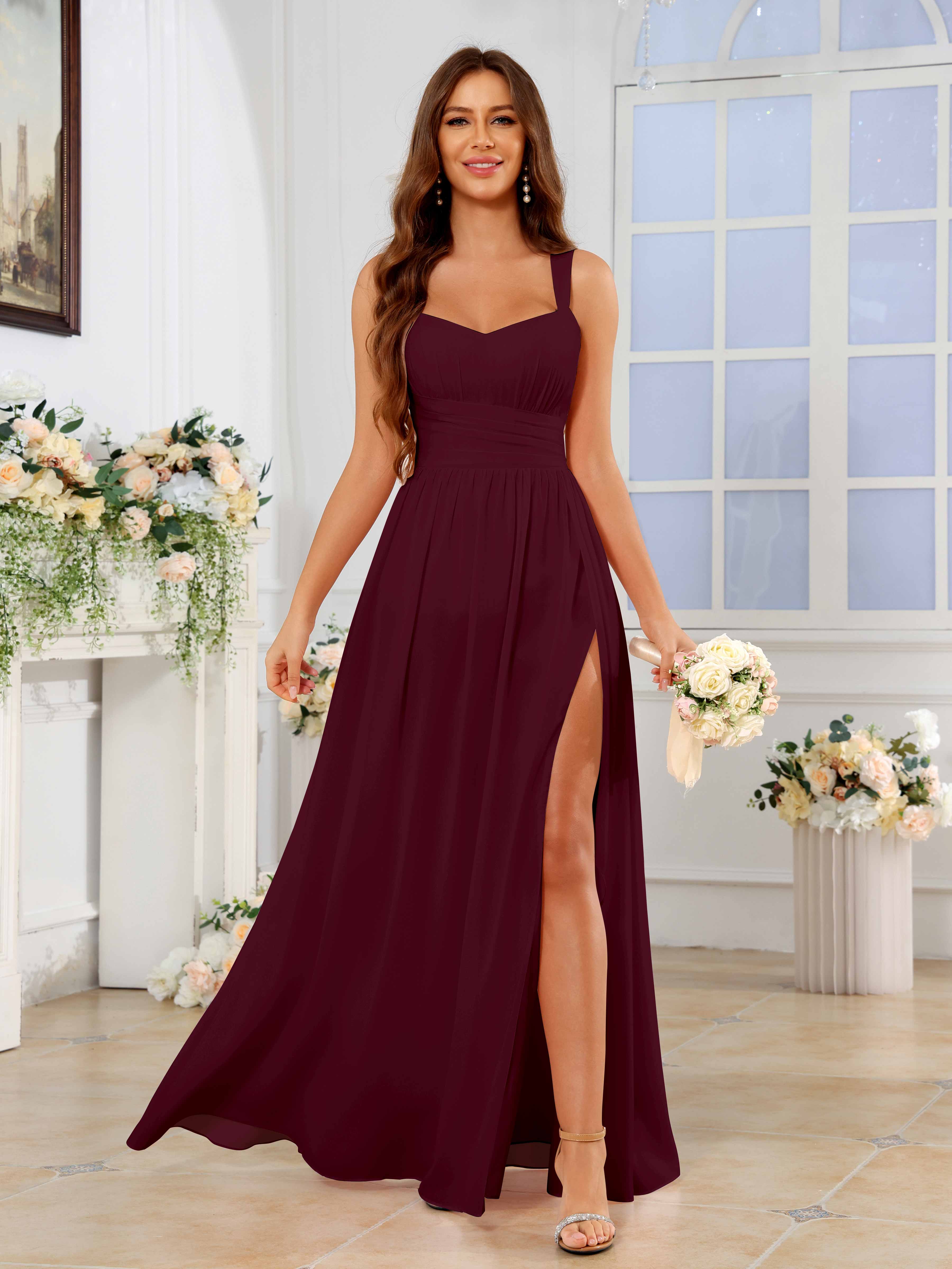 Mraelis Trendy Pleated Slit Floor Length Chiffon Bridesmaid Dresses, Cabernet Mraelis Trendy Pleated Slit Floor Length Chiffon Bridesmaid Dresses, Cabernet
