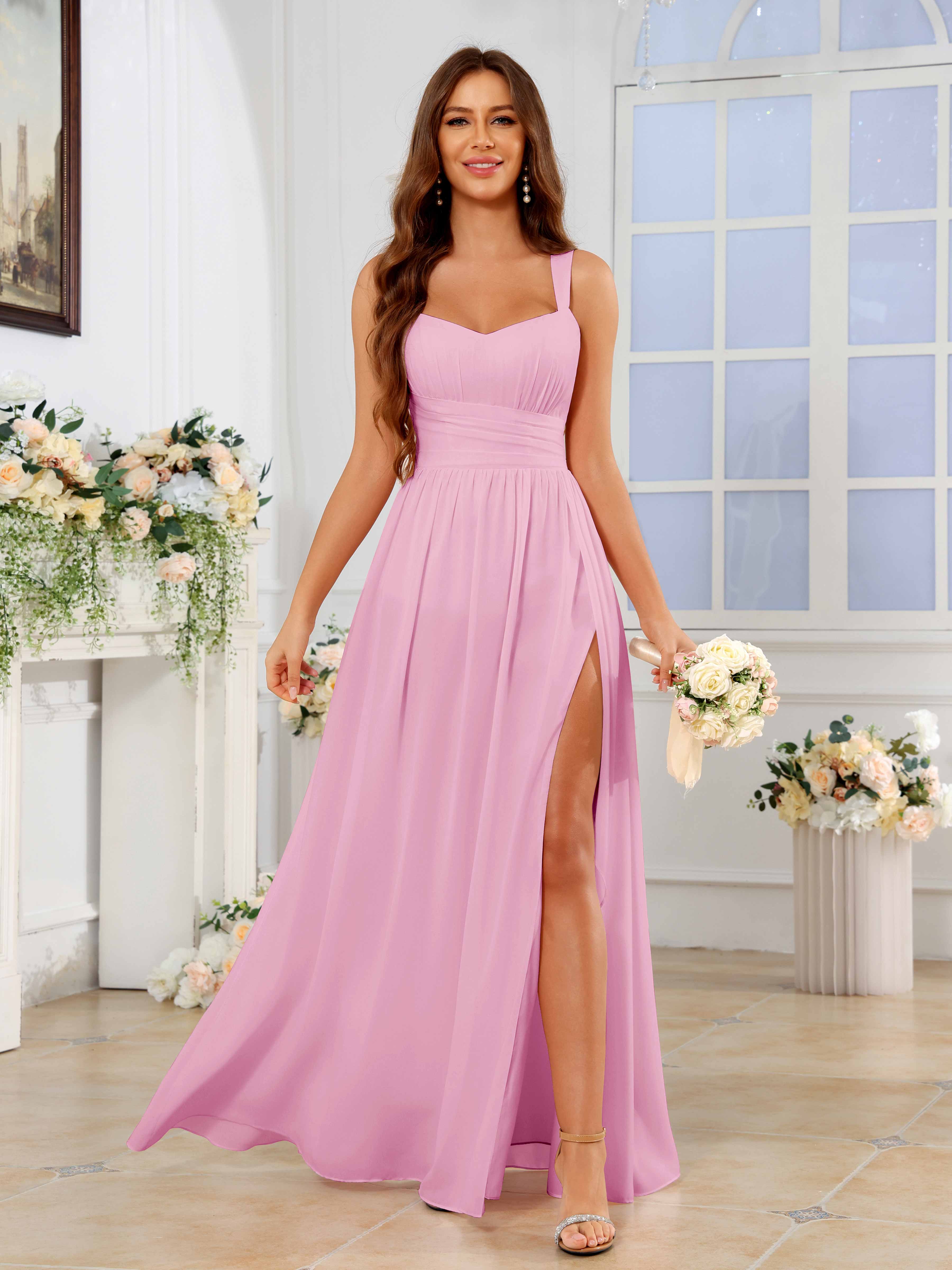 Mraelis Trendy Pleated Slit Floor Length Chiffon Bridesmaid Dresses, Candy Pink Mraelis Trendy Pleated Slit Floor Length Chiffon Bridesmaid Dresses, Candy Pink