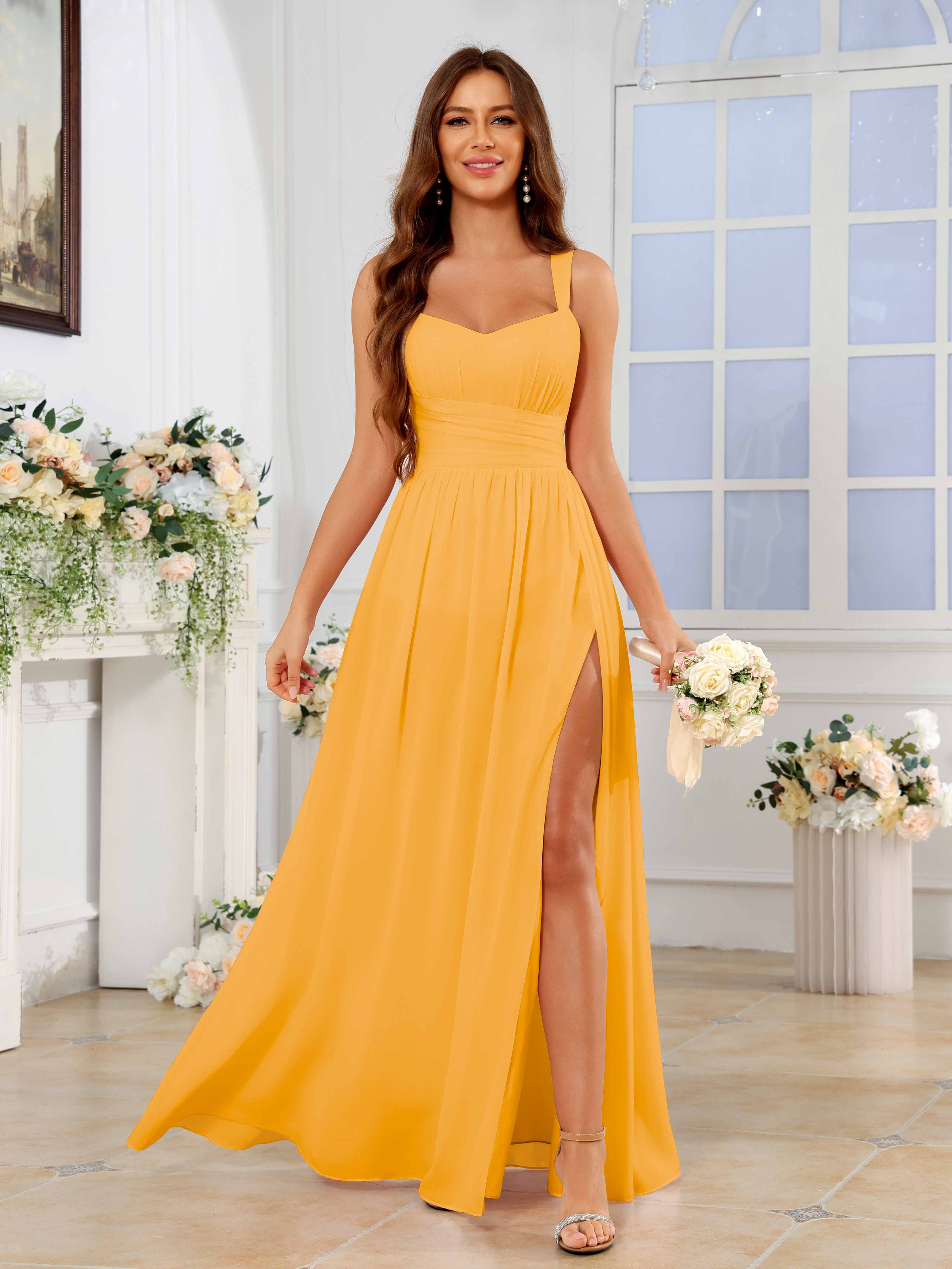 Mraelis Trendy Pleated Slit Floor Length Chiffon Bridesmaid Dresses, Mustard Mraelis Trendy Pleated Slit Floor Length Chiffon Bridesmaid Dresses, Mustard