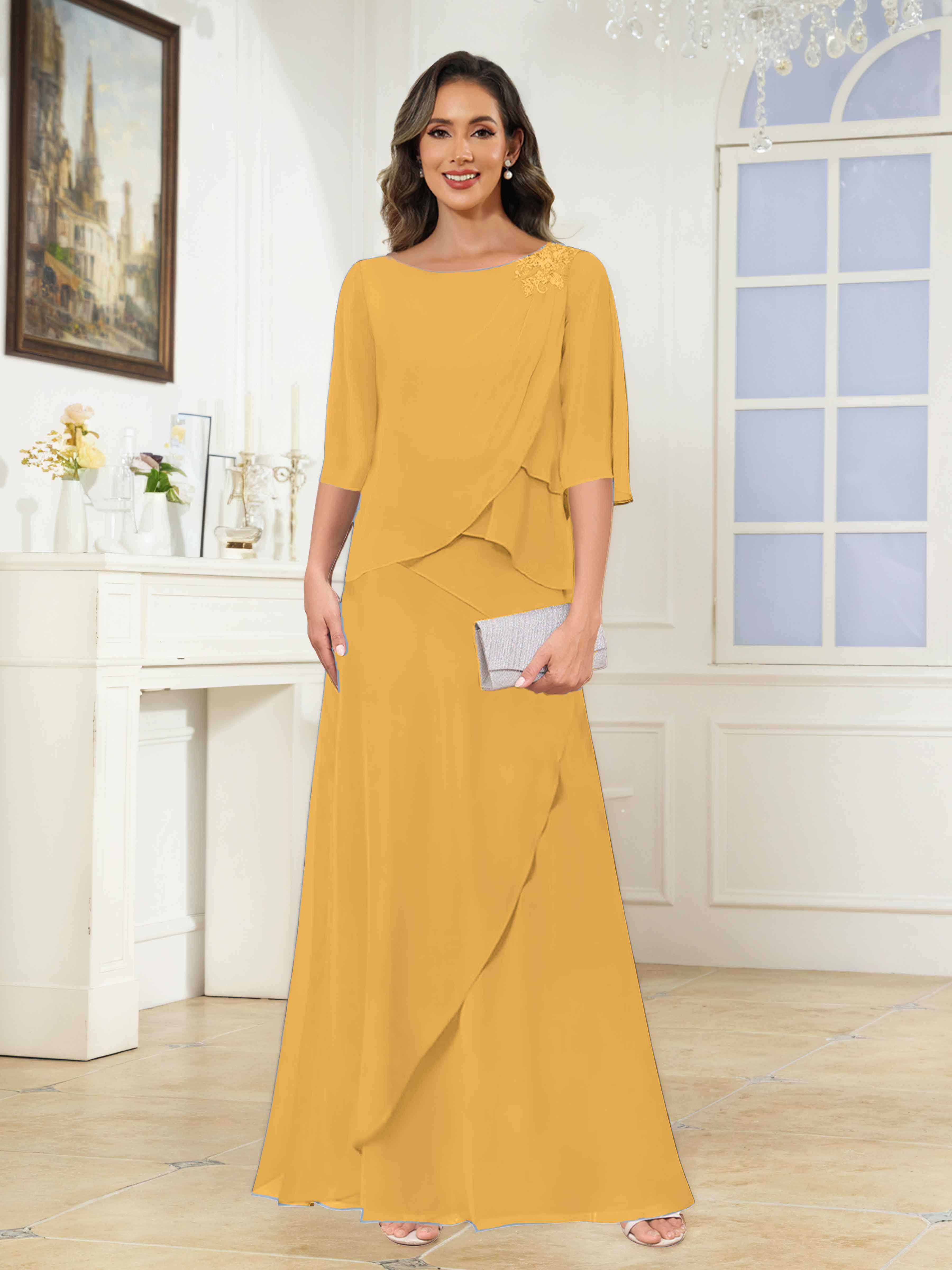Larkin Flattering Scoop Tiered Appliques Floor Length Chiffon Mother of the Bride Dresses